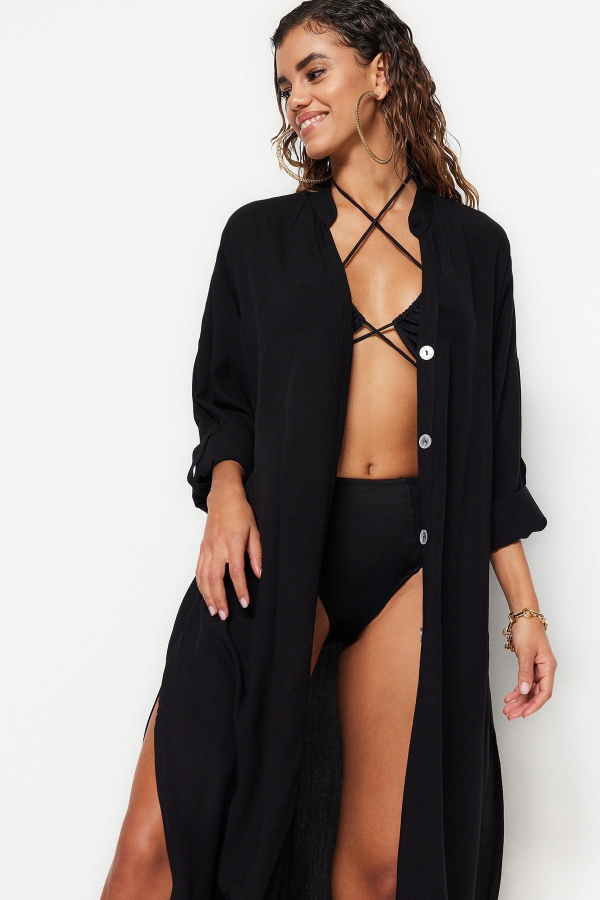 Black V-Neck Off-Shoulder Shirt Dress, , large image number 5