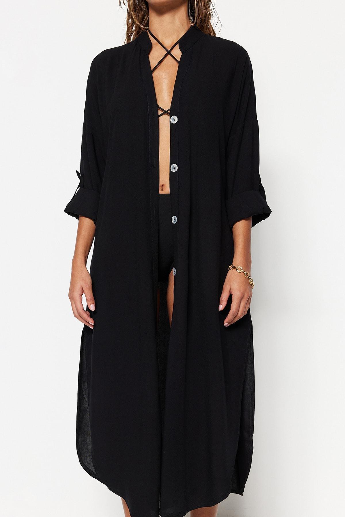 Black V-Neck Off-Shoulder Shirt Dress, , large image number 7