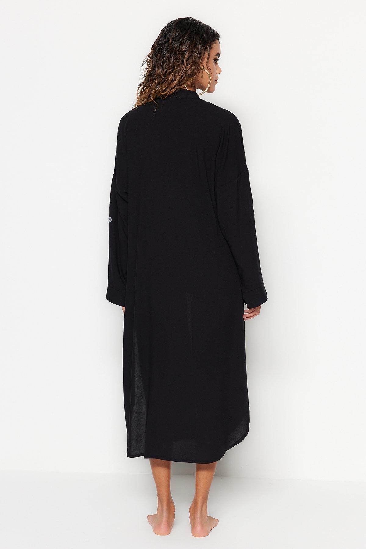 Black V-Neck Off-Shoulder Shirt Dress, , large image number 8