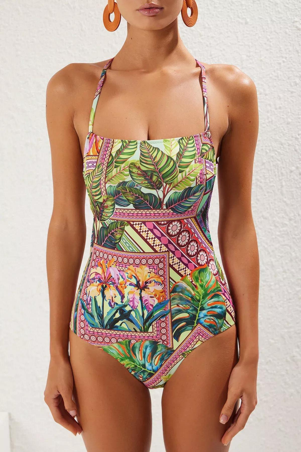 Multicolour Patterned Backless Swimsuit, , large image number 2