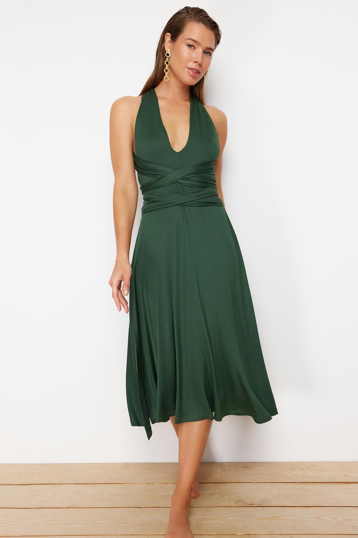 Green Shift V-Neck Dress, Khaki, large image number 5