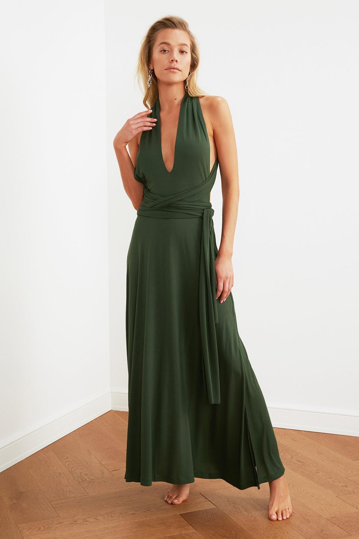 Green Shift V-Neck Dress, Khaki, large image number 11