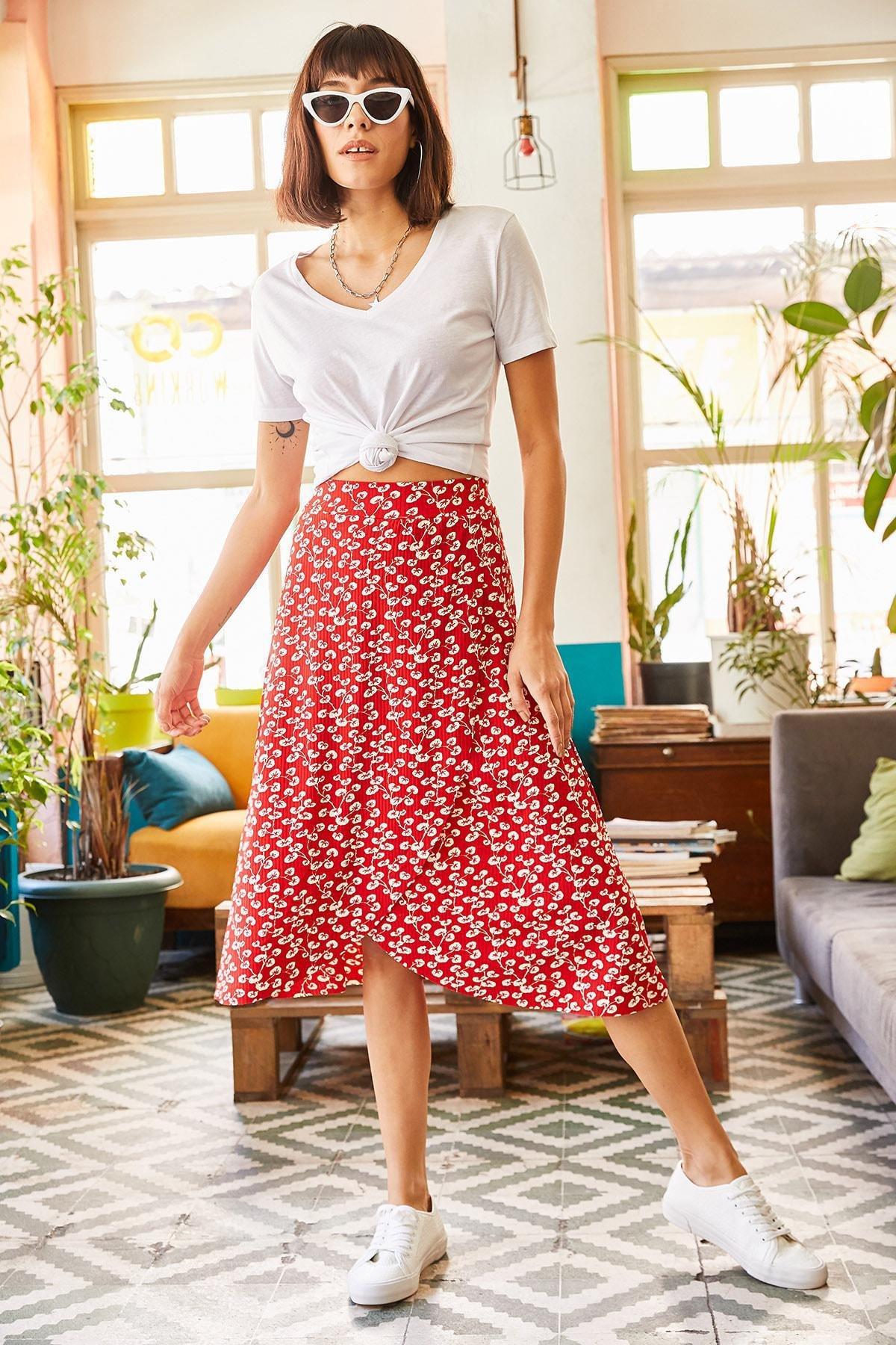 Red A-Line Midi Skirt, Red Bud, large image number 0
