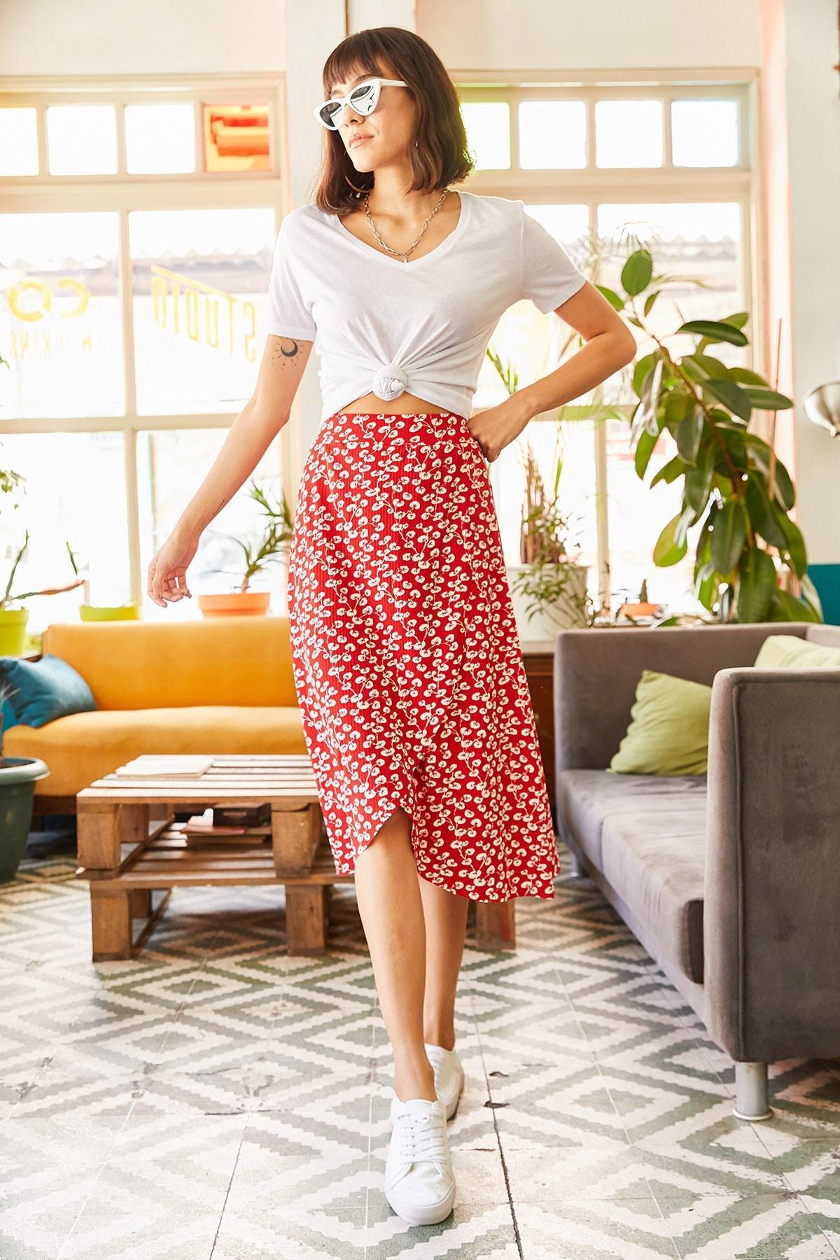 Red A-Line Midi Skirt, Red Bud, large image number 2