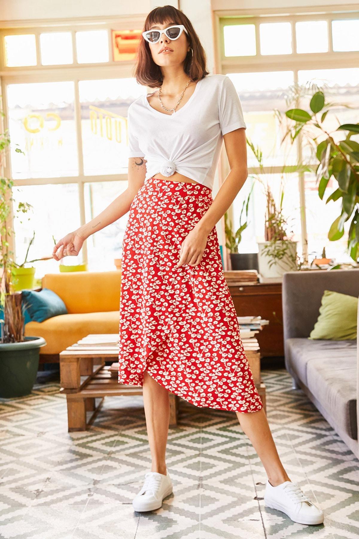 Red A-Line Midi Skirt, Red Bud, large image number 3