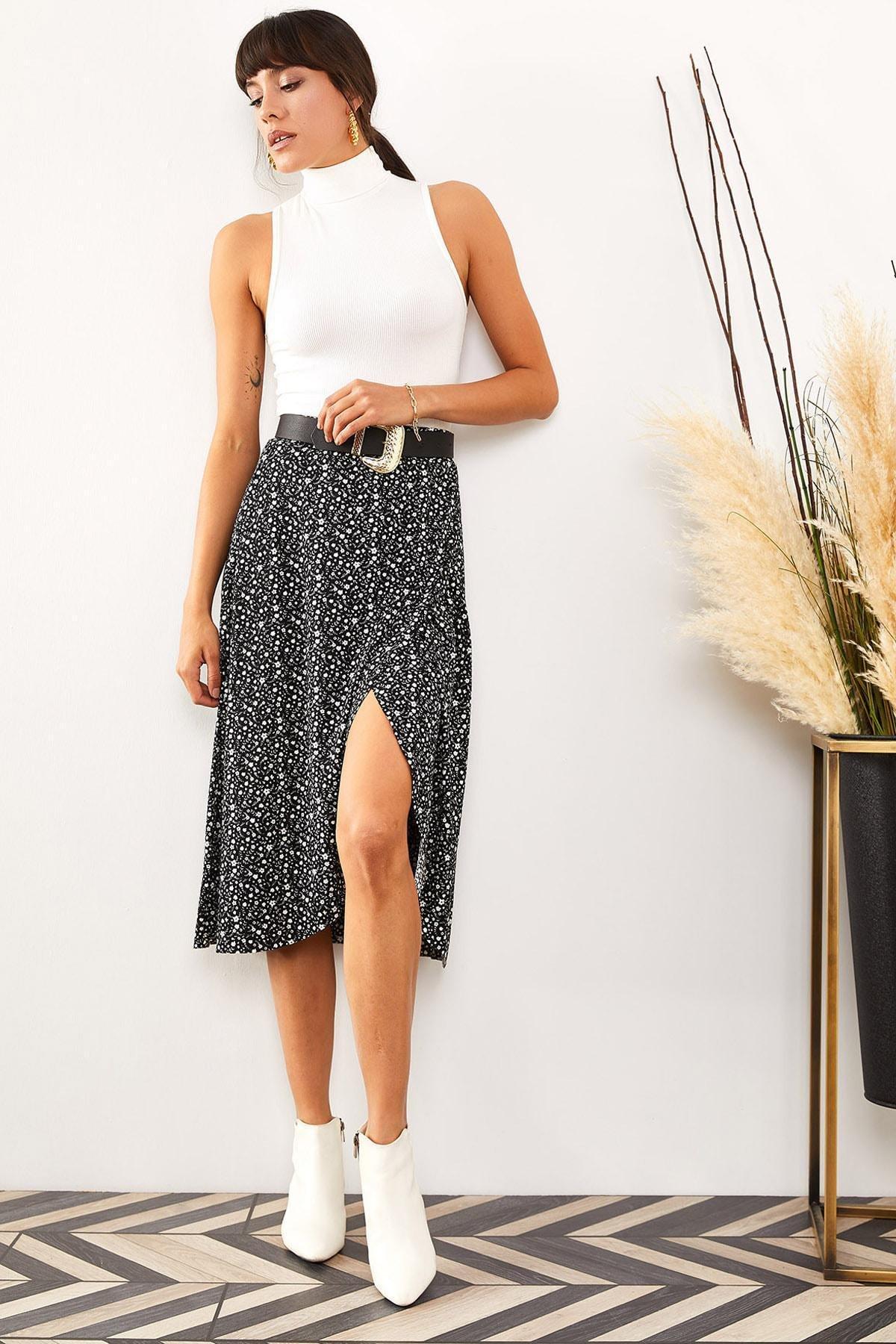 Olalook - Black Printed Midi Skirt