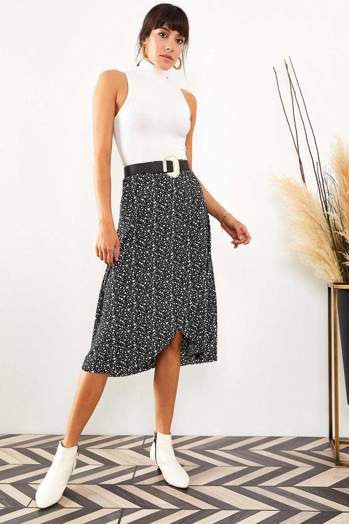 Olalook - Black Printed Midi Skirt