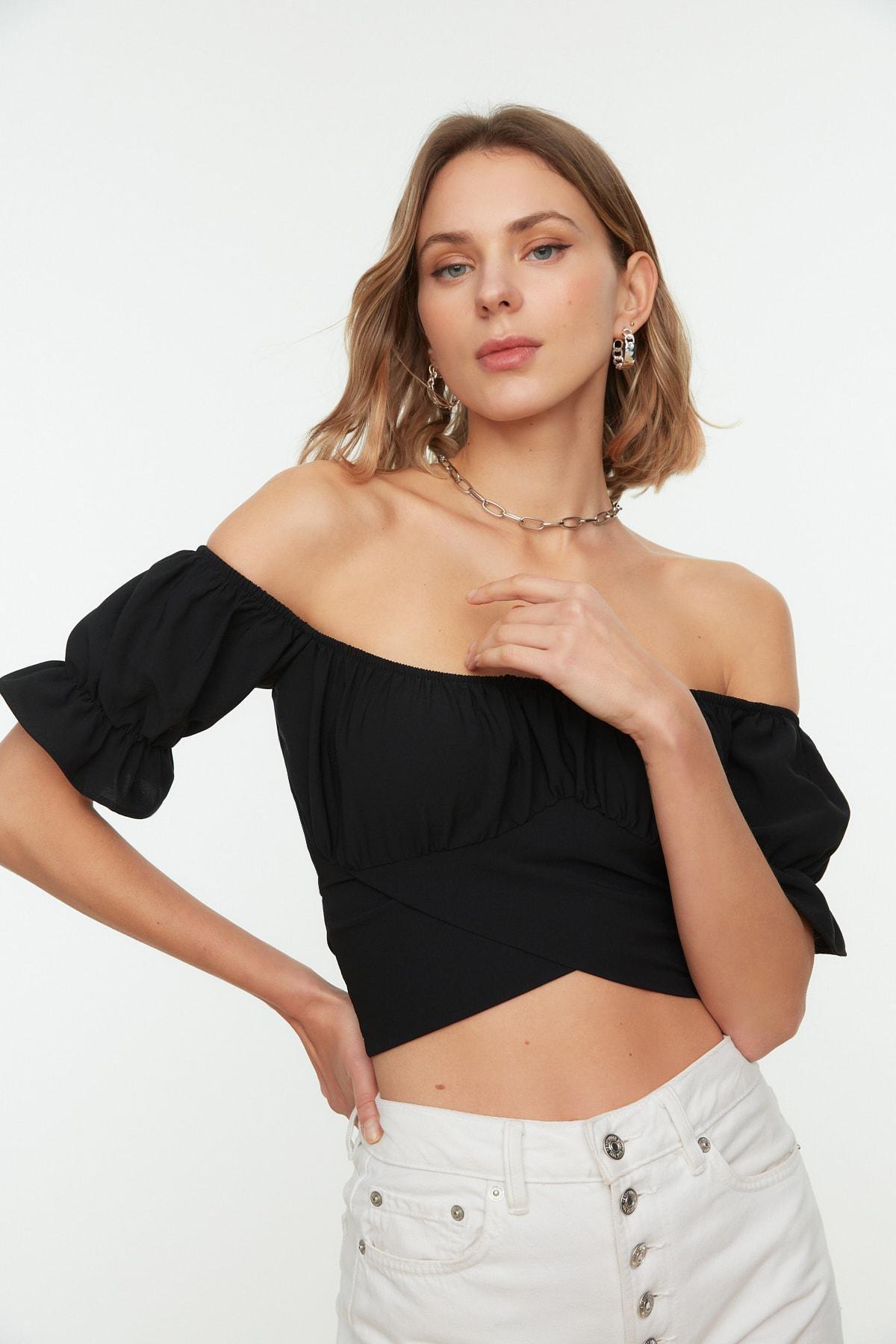 Black Off-Shoulder Fitted Blouse, , large image number 0