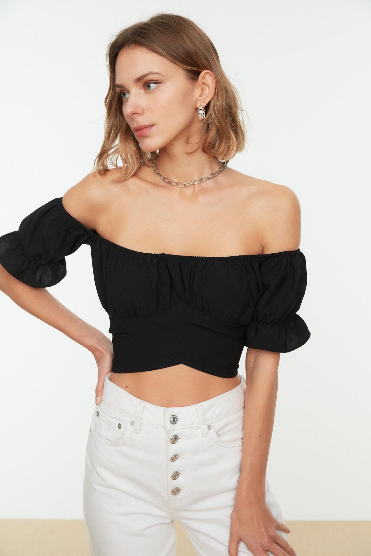 Black Off-Shoulder Fitted Blouse, , large image number 1