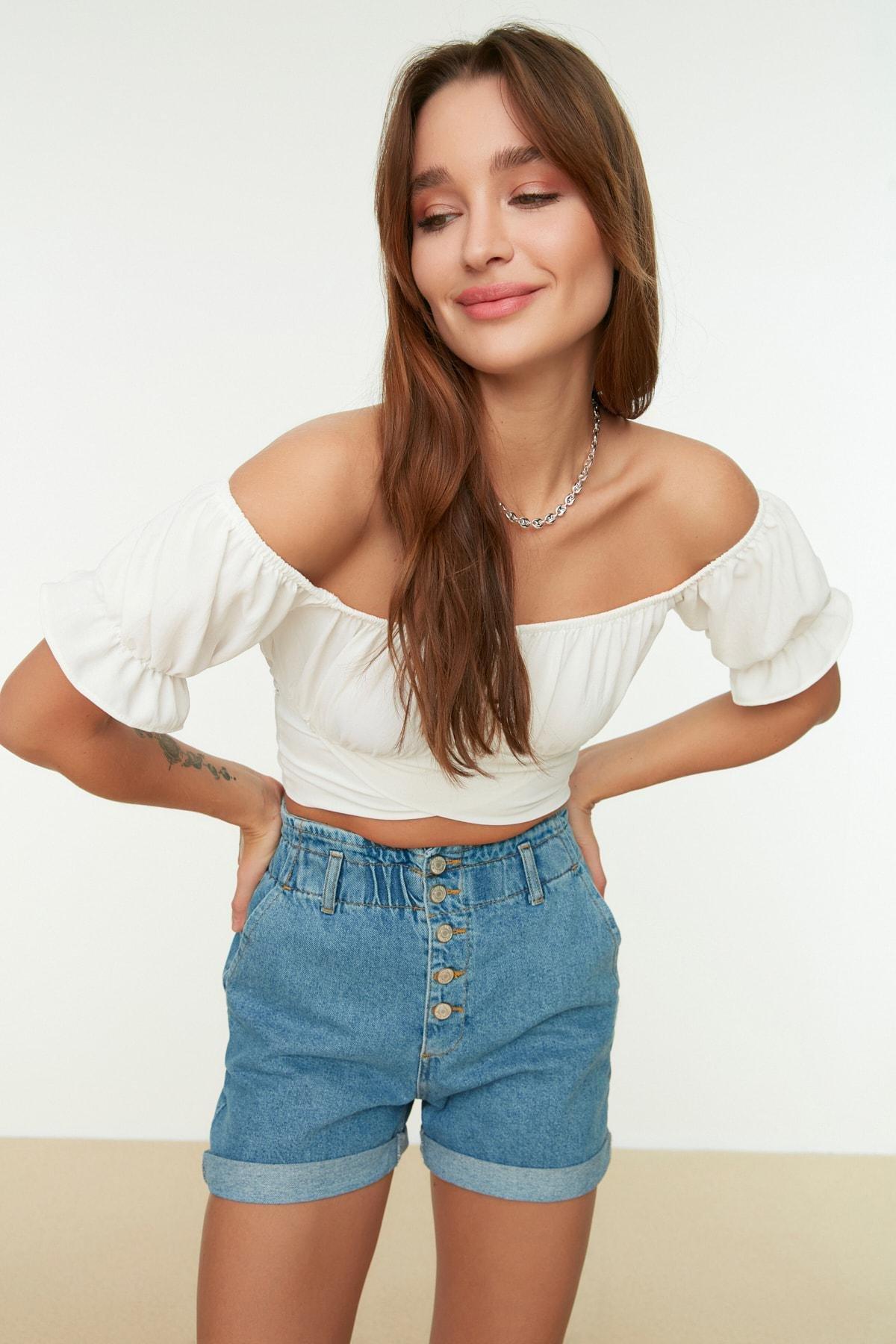 بلوزة بقصة ضيقة مكشوفة الكتفين، كريمي, Ecru, large image number 4