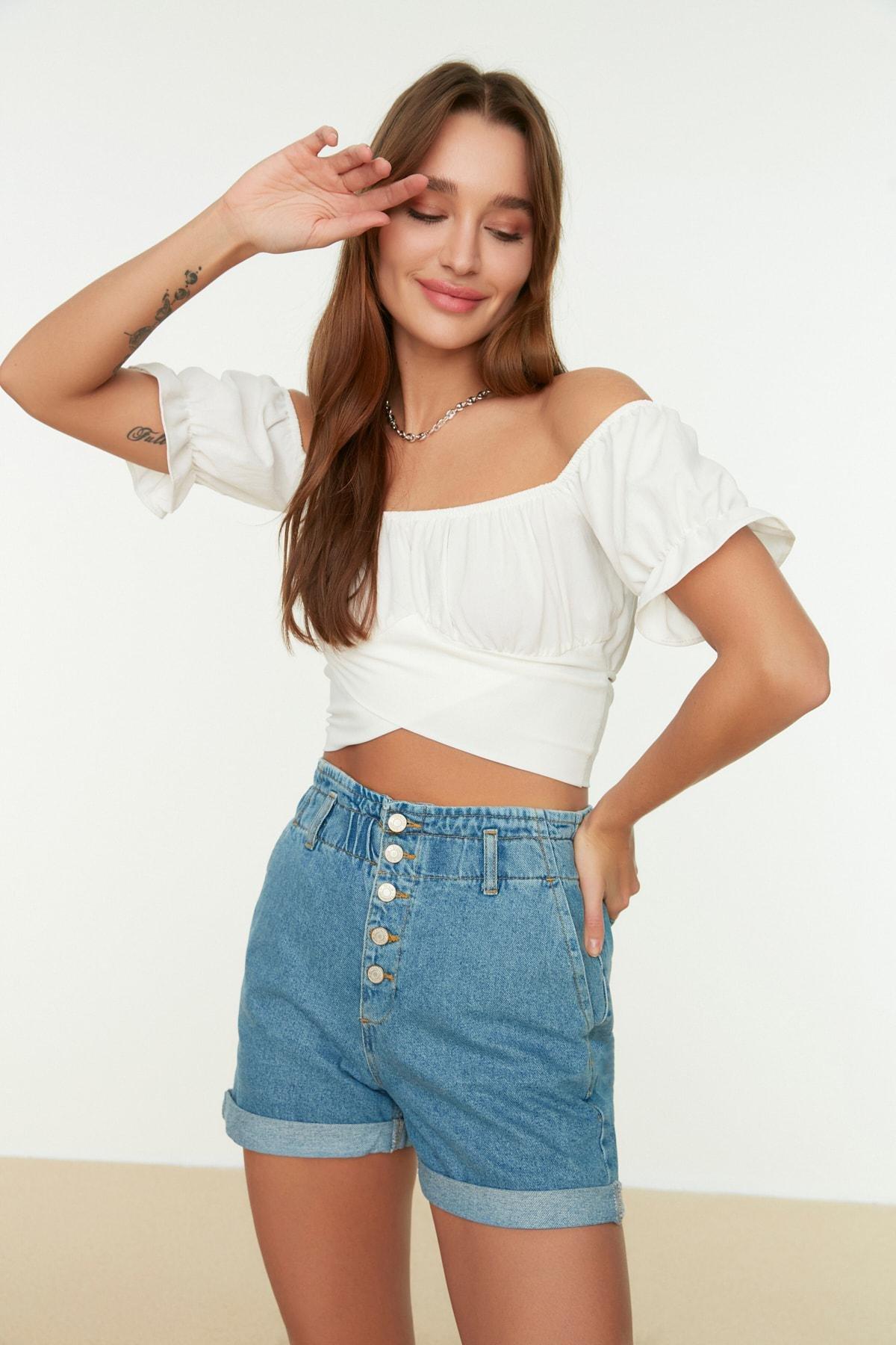 بلوزة بقصة ضيقة مكشوفة الكتفين، كريمي, Ecru, large image number 6