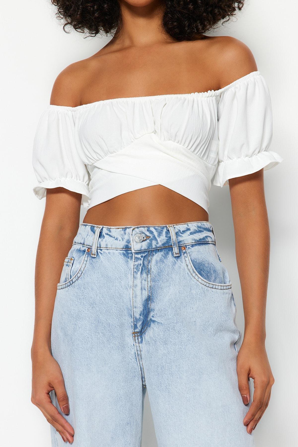 بلوزة بقصة ضيقة مكشوفة الكتفين، كريمي, Ecru, large image number 7