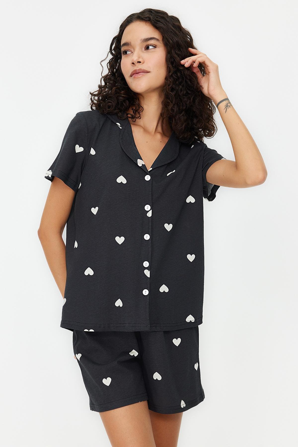 Black Cotton Patterned Knitted Pyjama Set, , large image number 0