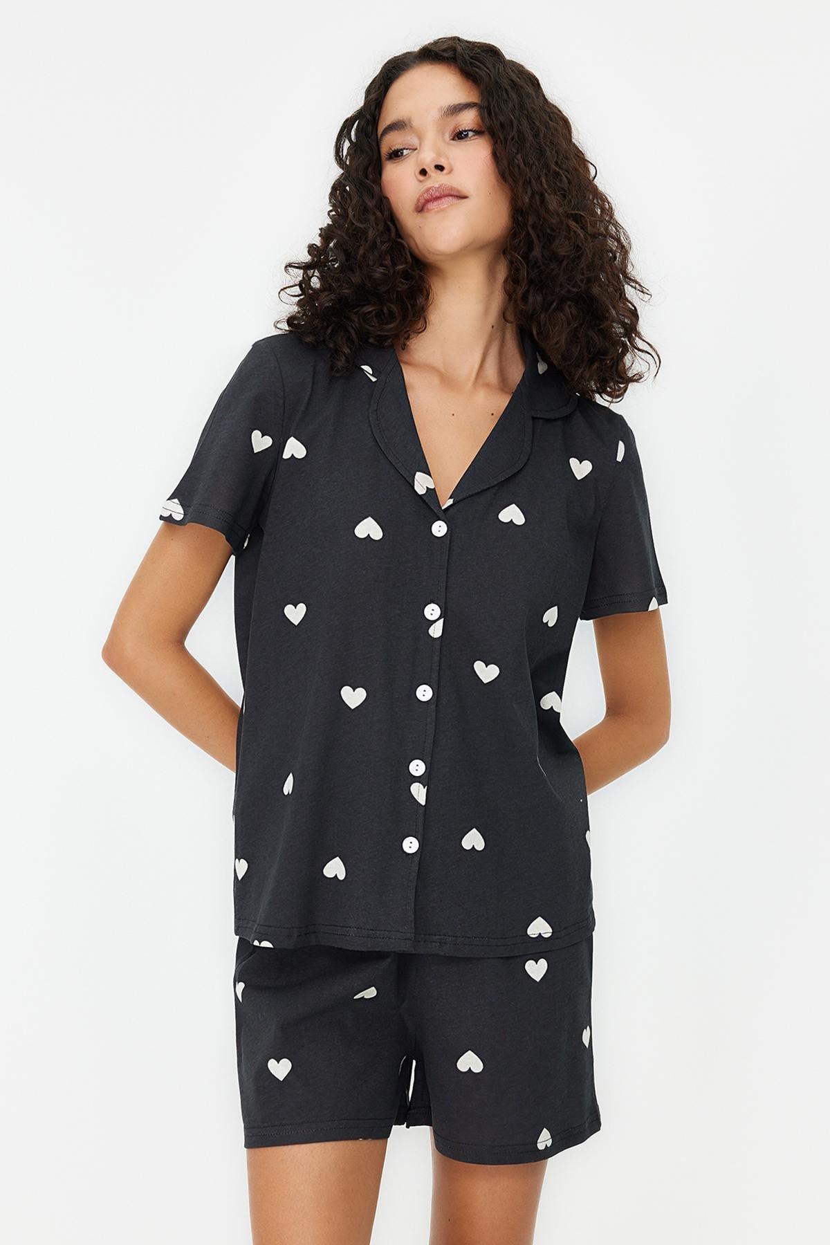 Black Cotton Patterned Knitted Pyjama Set, , large image number 2