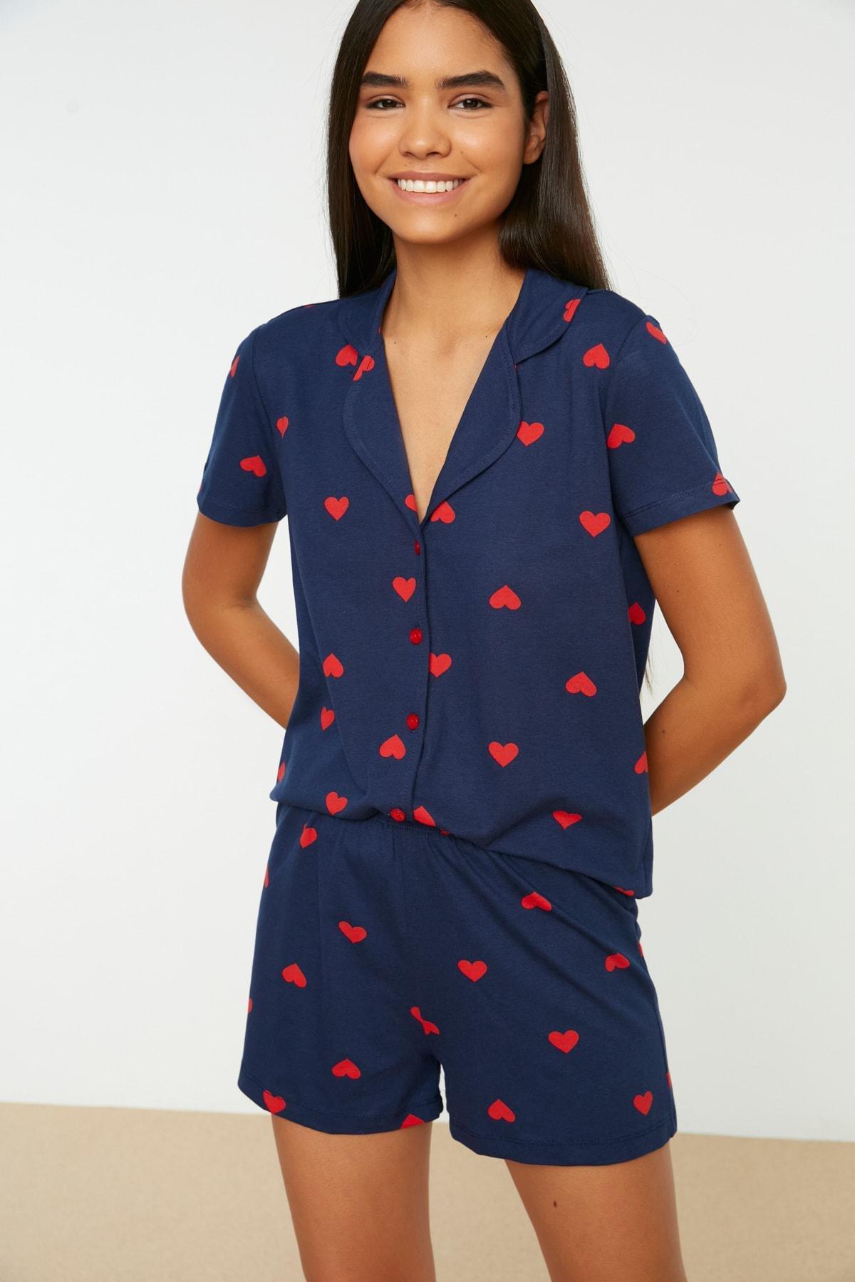 Navy Mid Waist Heart Pajama Set, , large image number 1