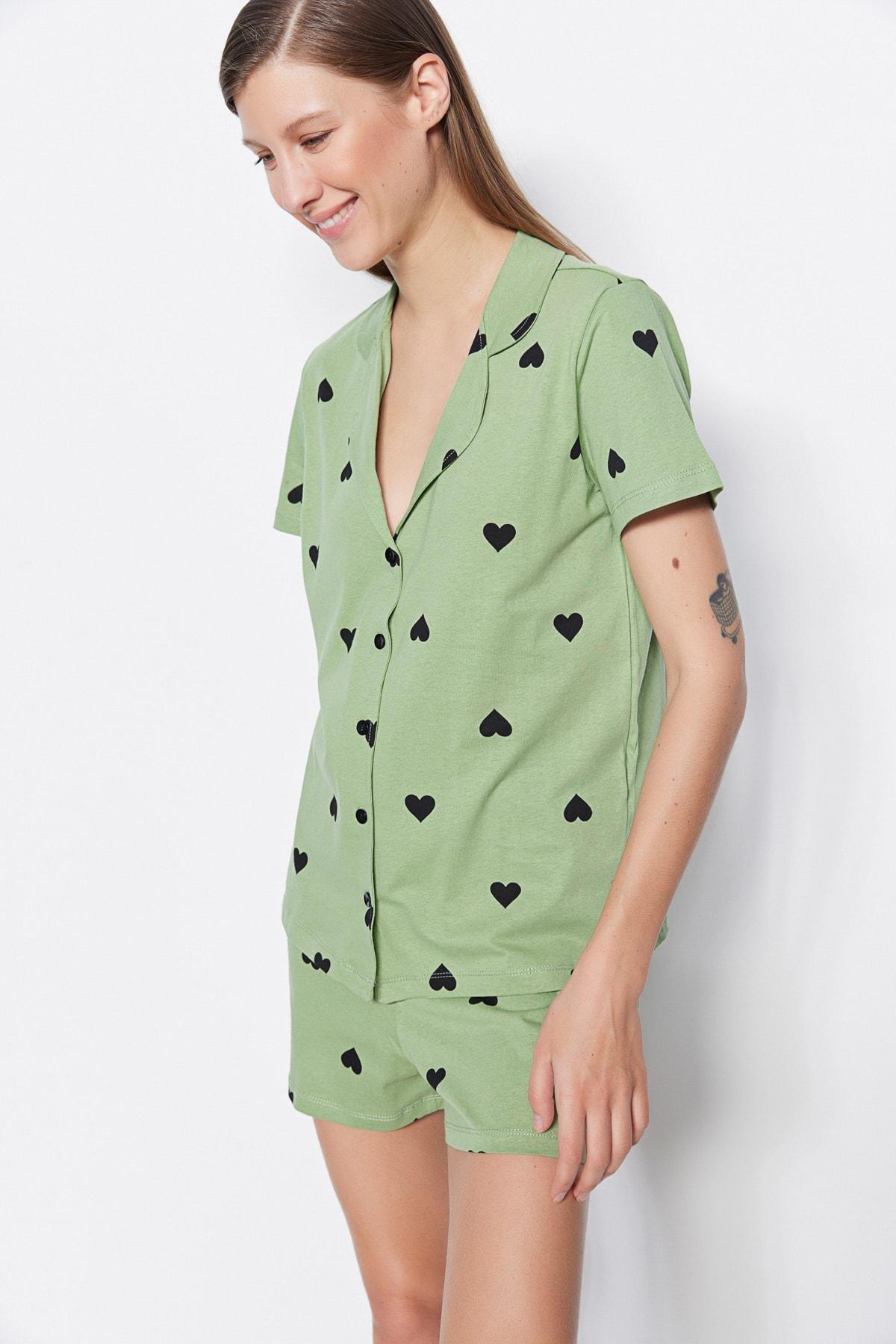 Green Heart Collared Pajama Set, , large image number 0
