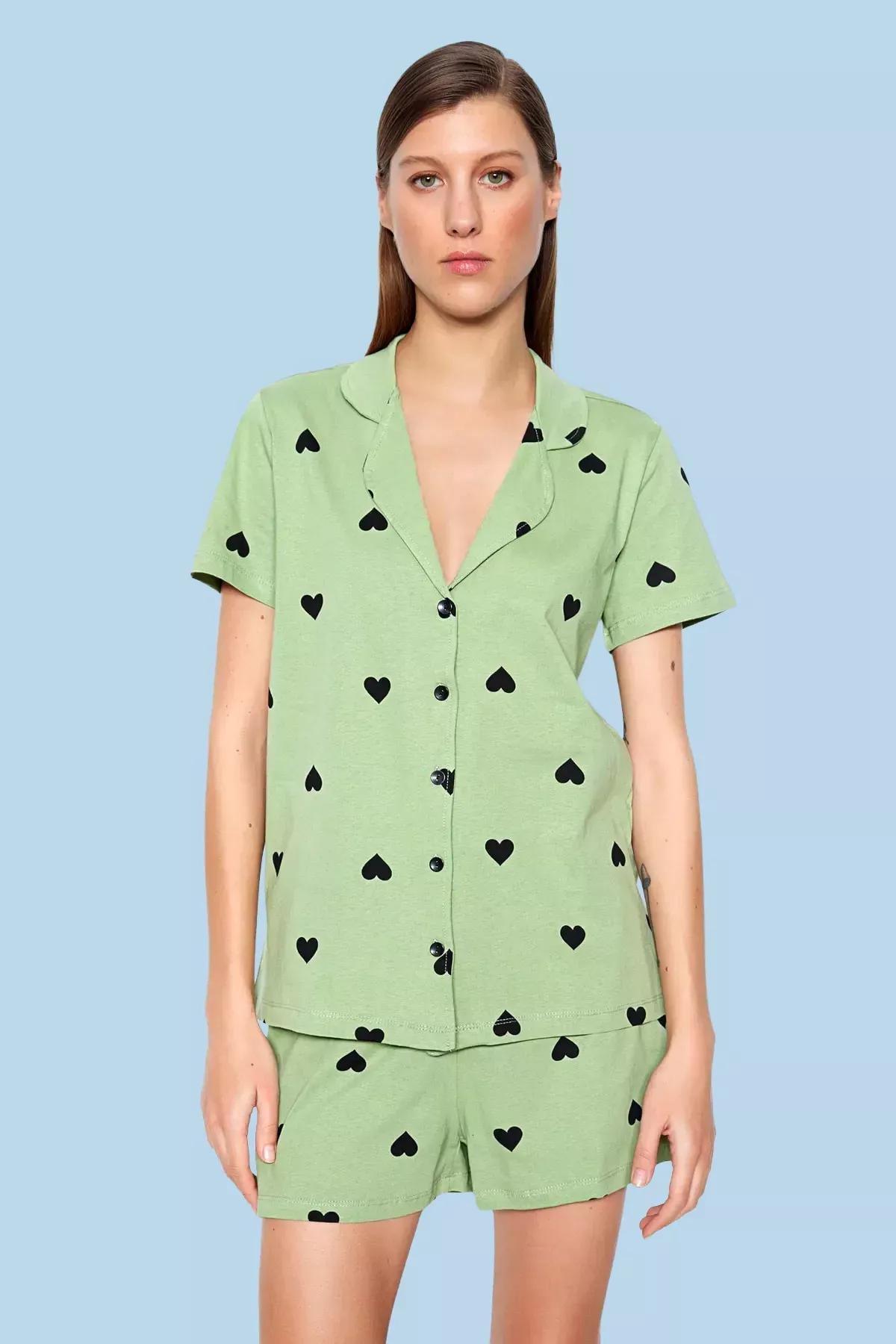 Green Heart Collared Pajama Set, , large image number 0