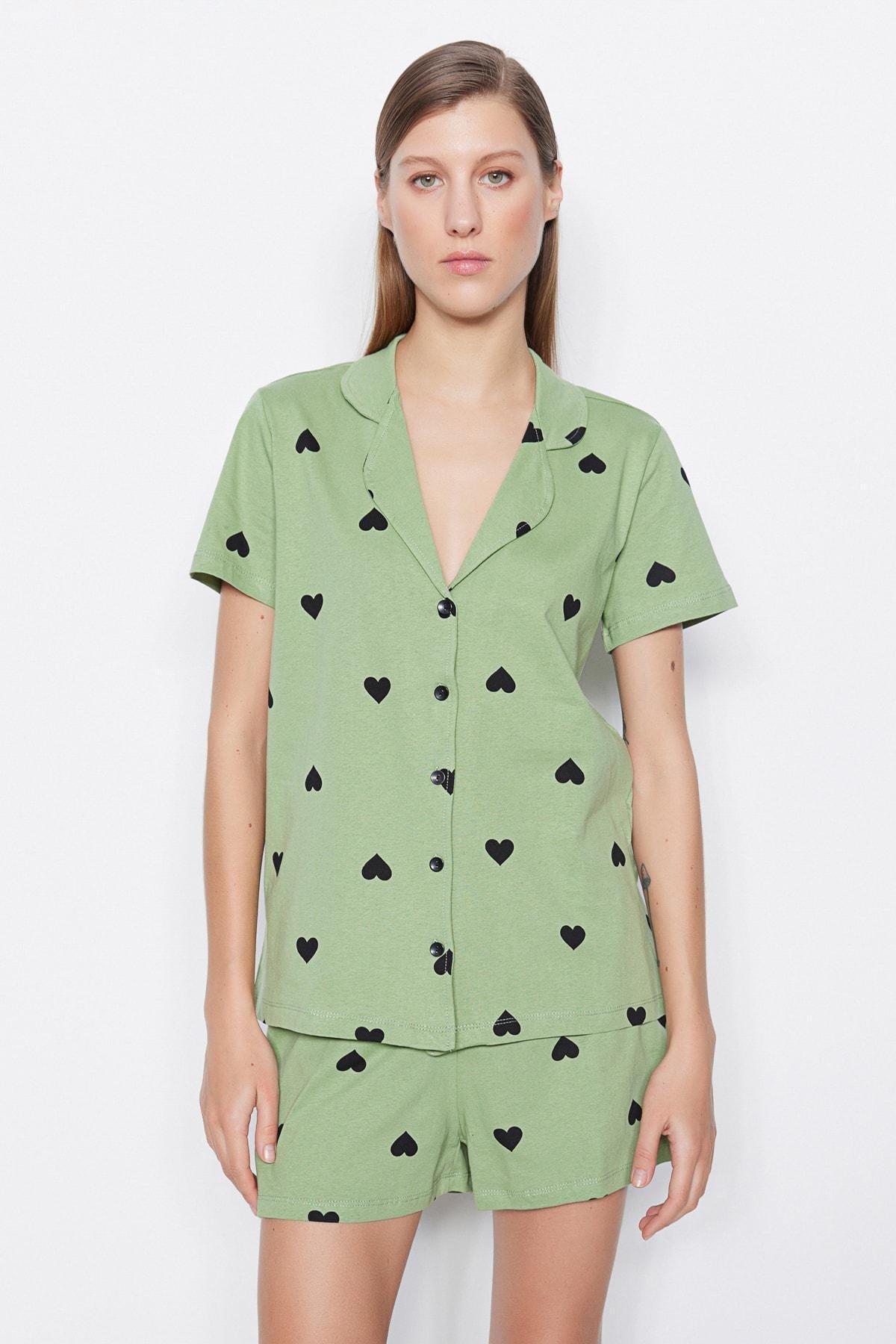 Green Heart Collared Pajama Set, , large image number 1