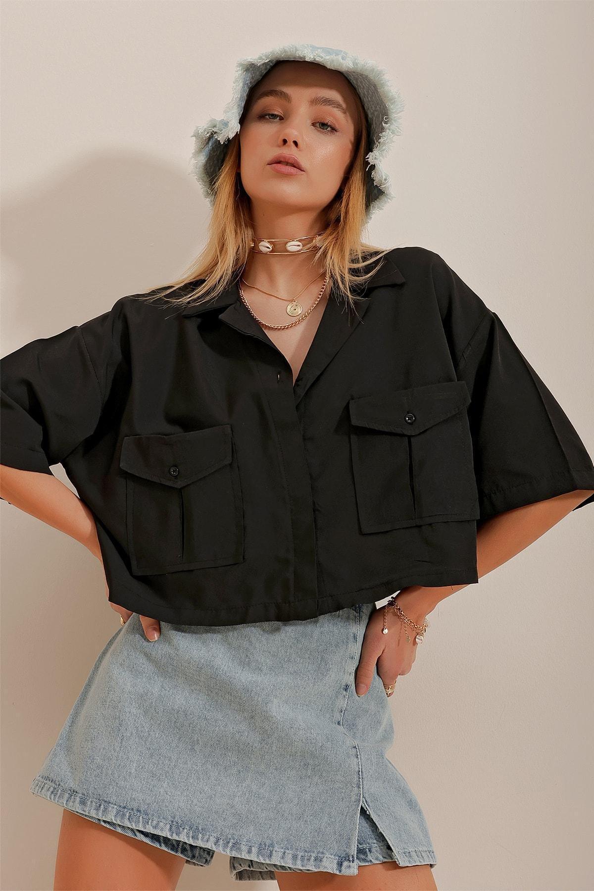 Womens Black Envelope Pocket Crop Poplin Shirt ALC-X6045, single, , large image number 0