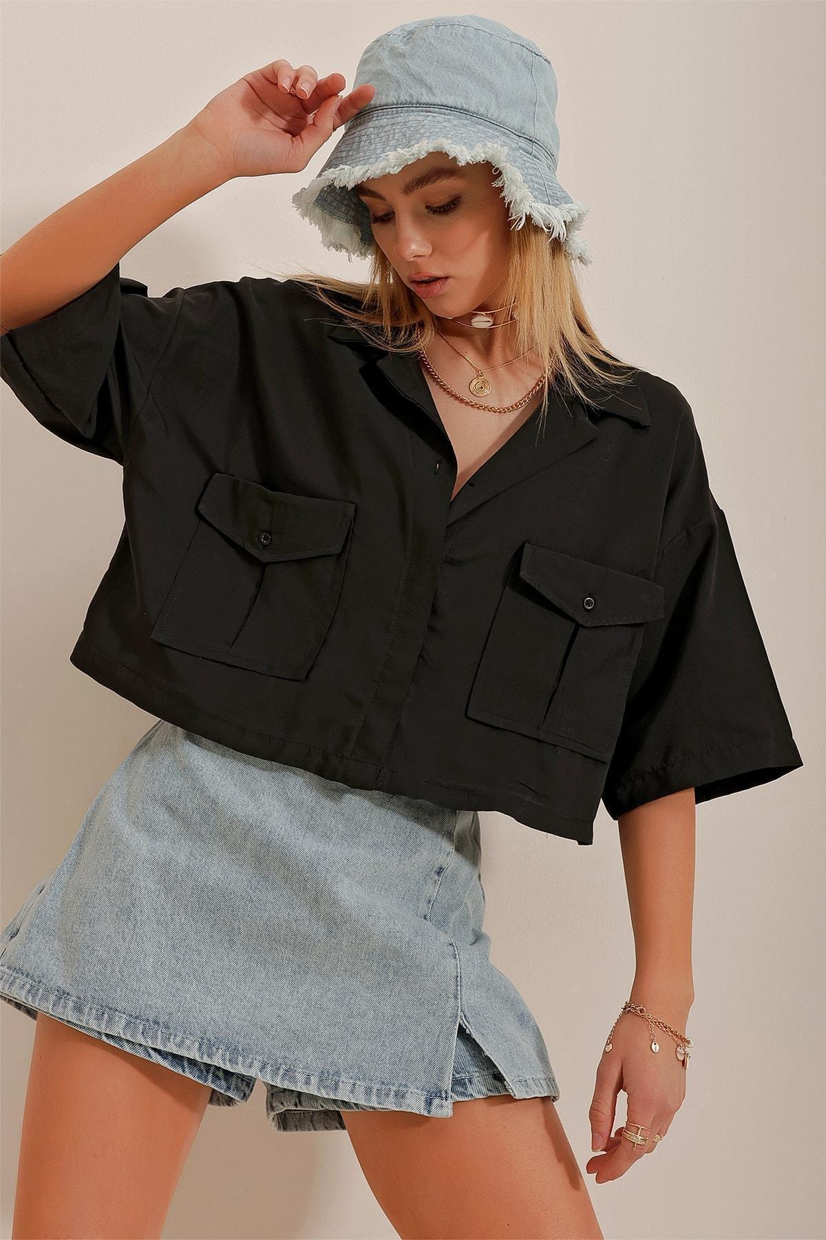 Womens Black Envelope Pocket Crop Poplin Shirt ALC-X6045, single, , large image number 1