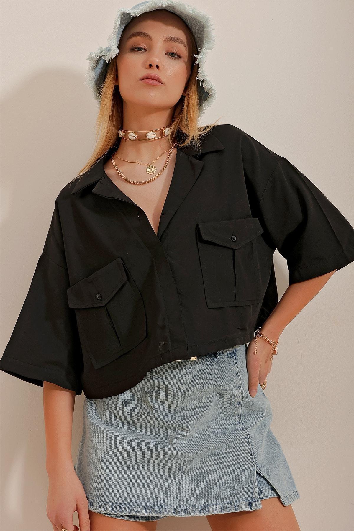 Womens Black Envelope Pocket Crop Poplin Shirt ALC-X6045, single, , large image number 2