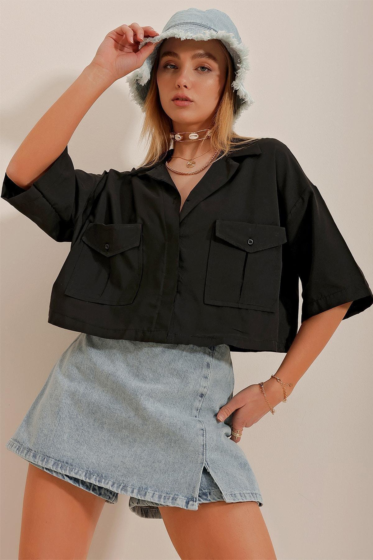 Womens Black Envelope Pocket Crop Poplin Shirt ALC-X6045, single, , large image number 3