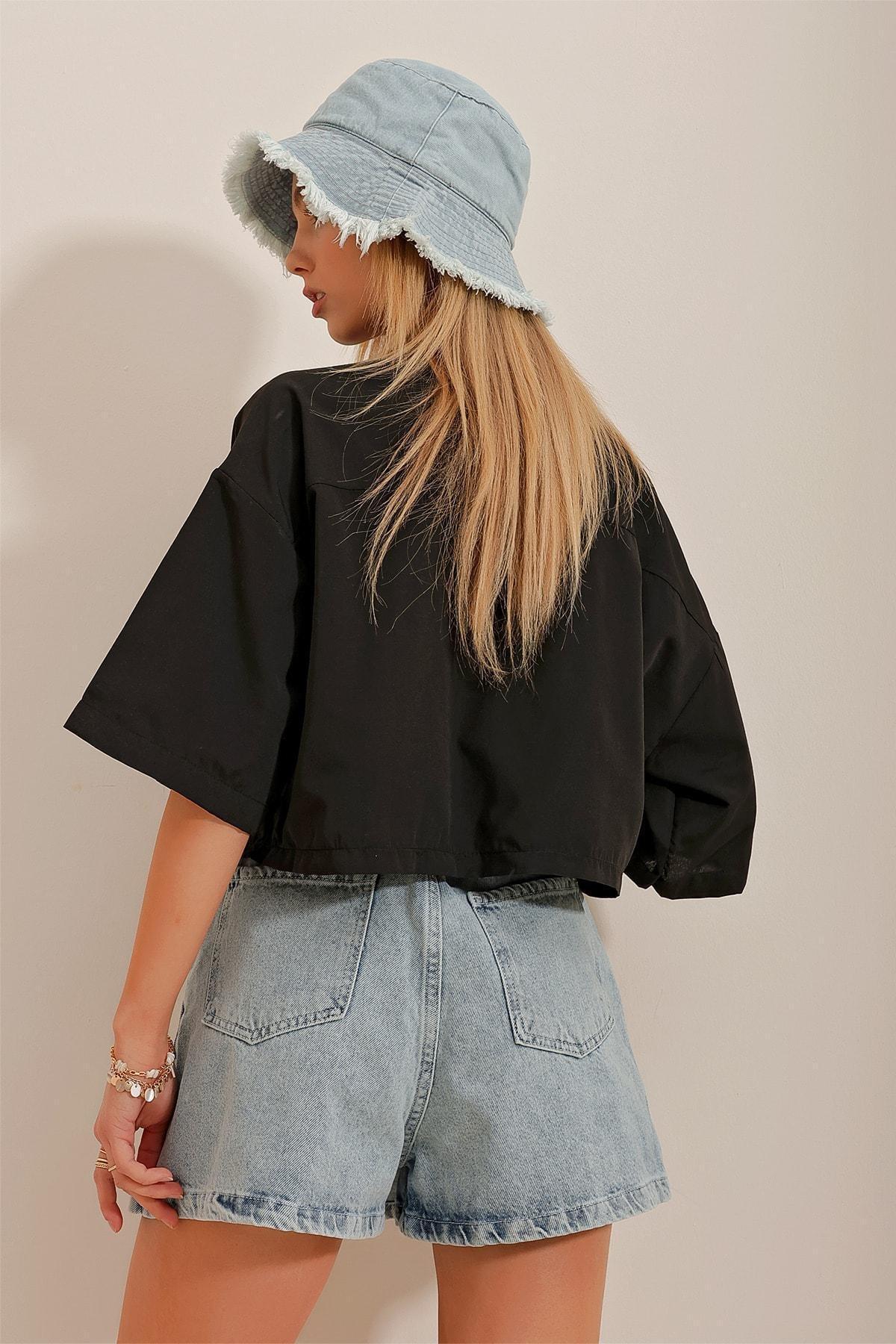 Womens Black Envelope Pocket Crop Poplin Shirt ALC-X6045, single, , large image number 4