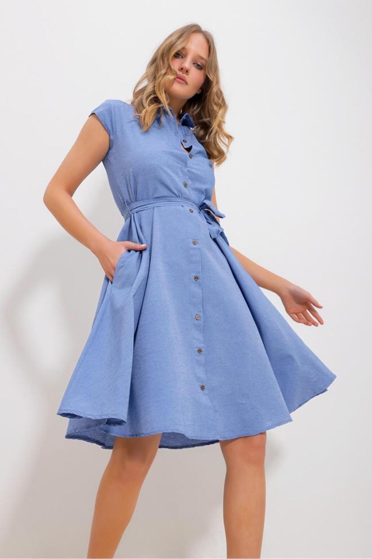Blue  Plain Shirt Dress, , large image number 0