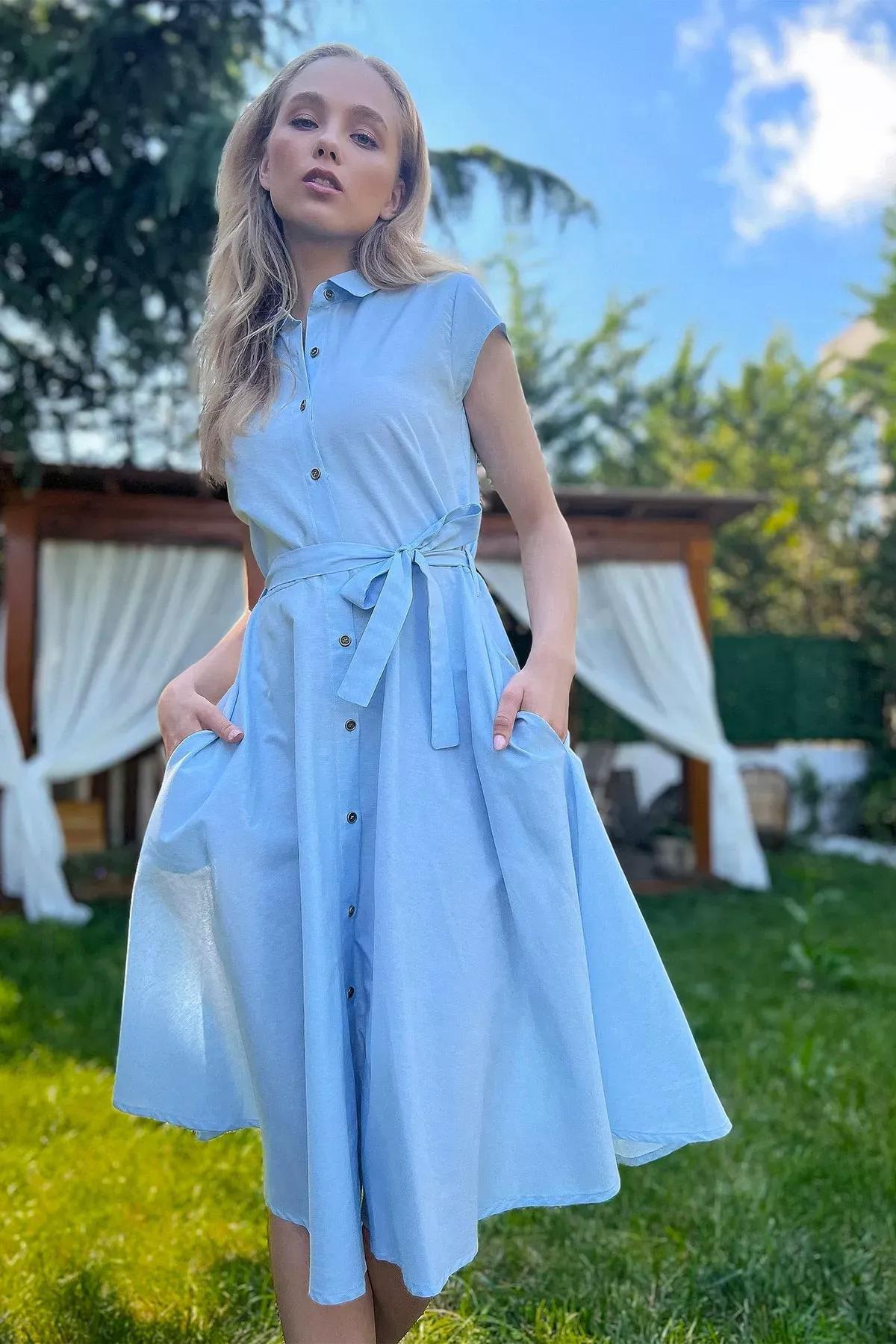 Blue  Plain Shirt Dress, , large image number 1
