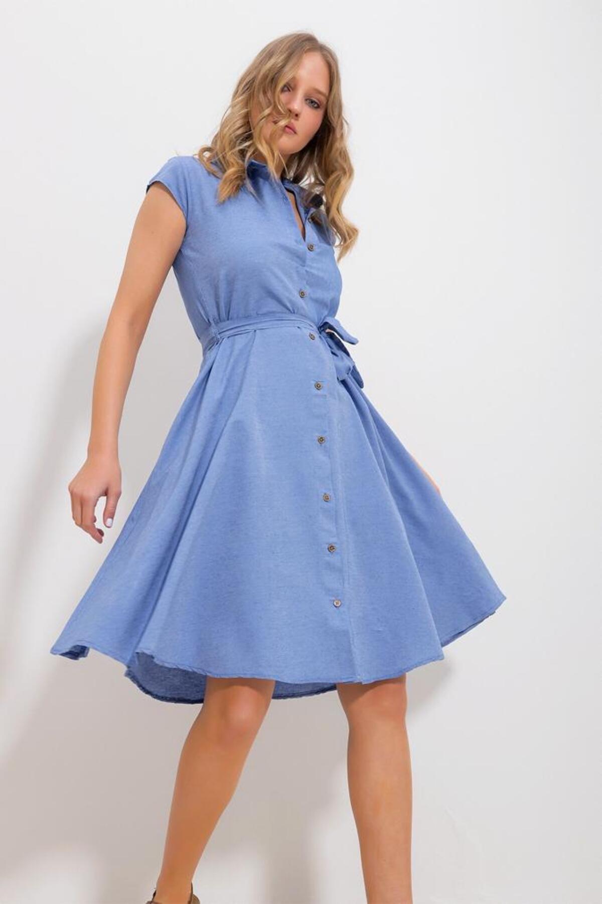 Blue  Plain Shirt Dress, , large image number 4