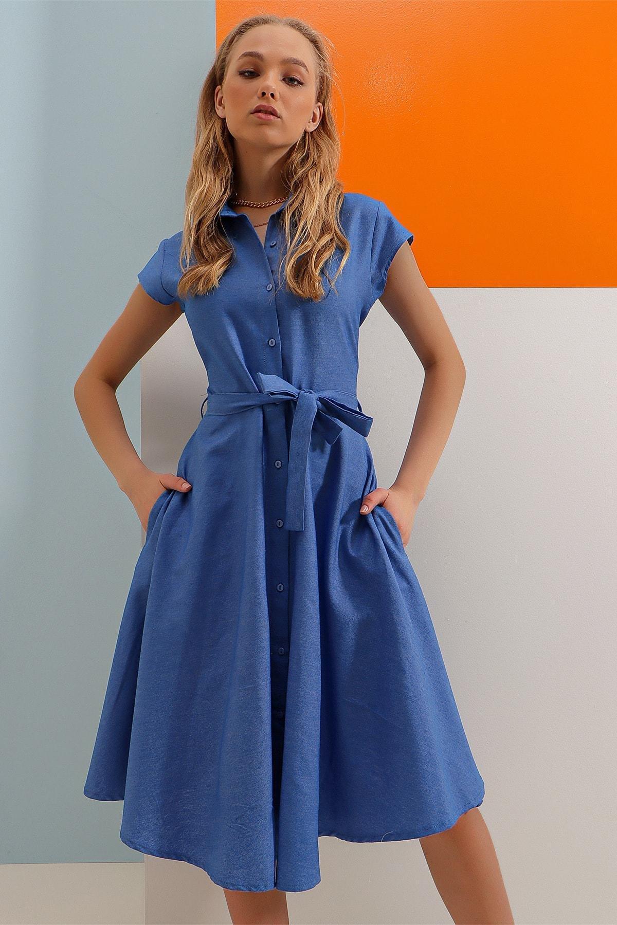 Blue  Plain Shirt Dress, , large image number 5
