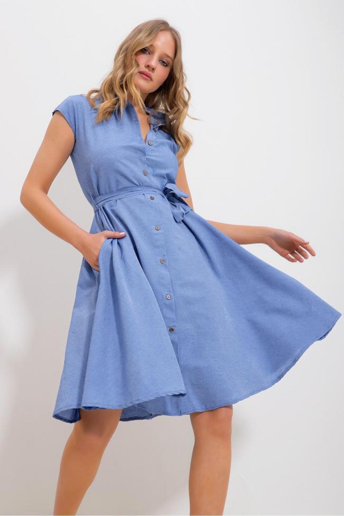 Blue  Plain Shirt Dress, , large image number 8