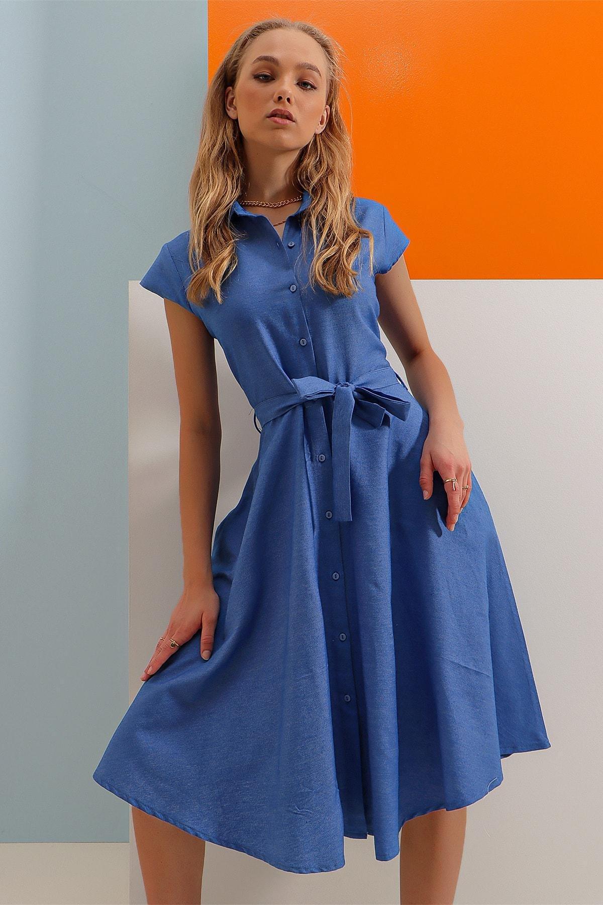 Blue  Plain Shirt Dress, , large image number 9