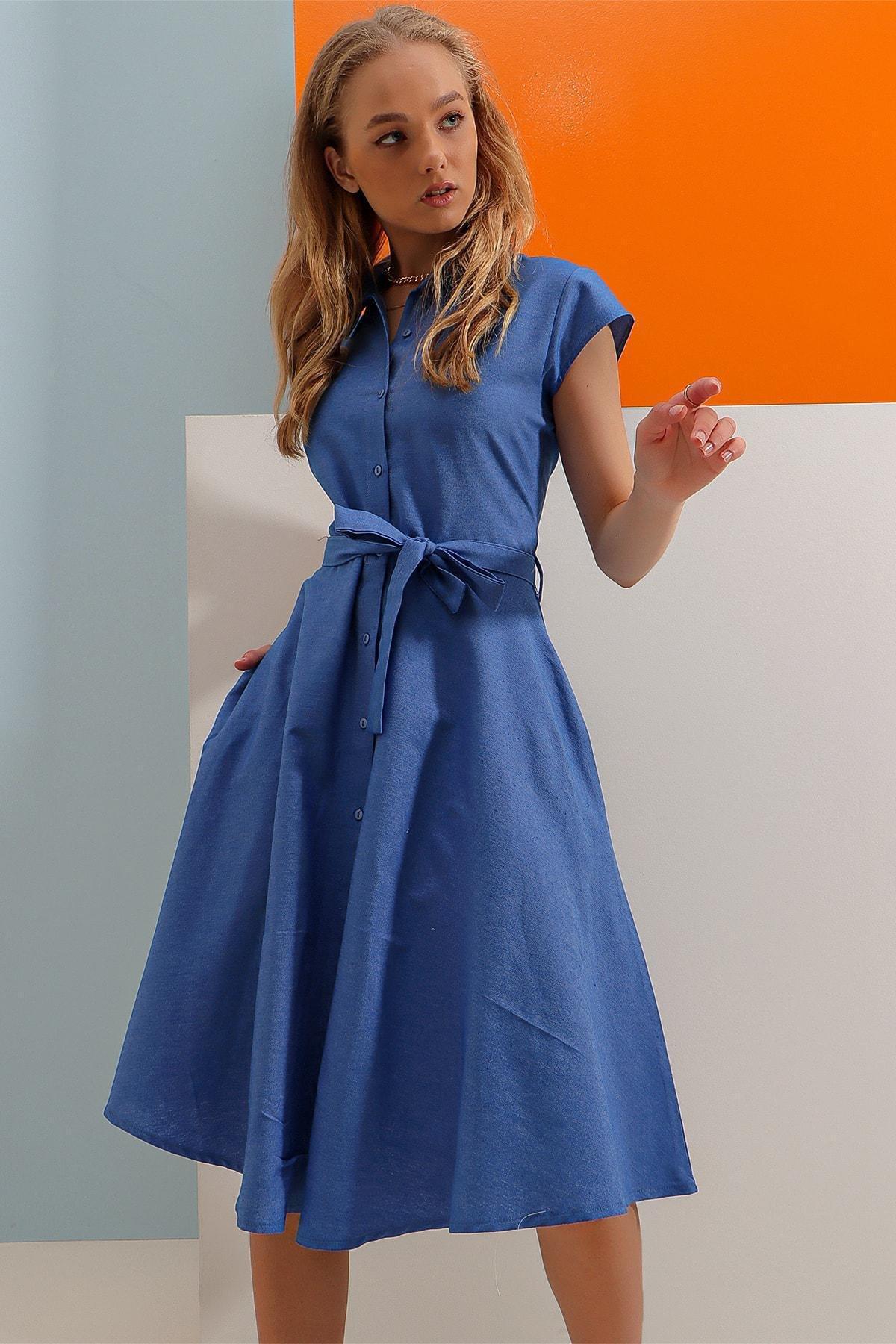 Blue  Plain Shirt Dress, , large image number 13