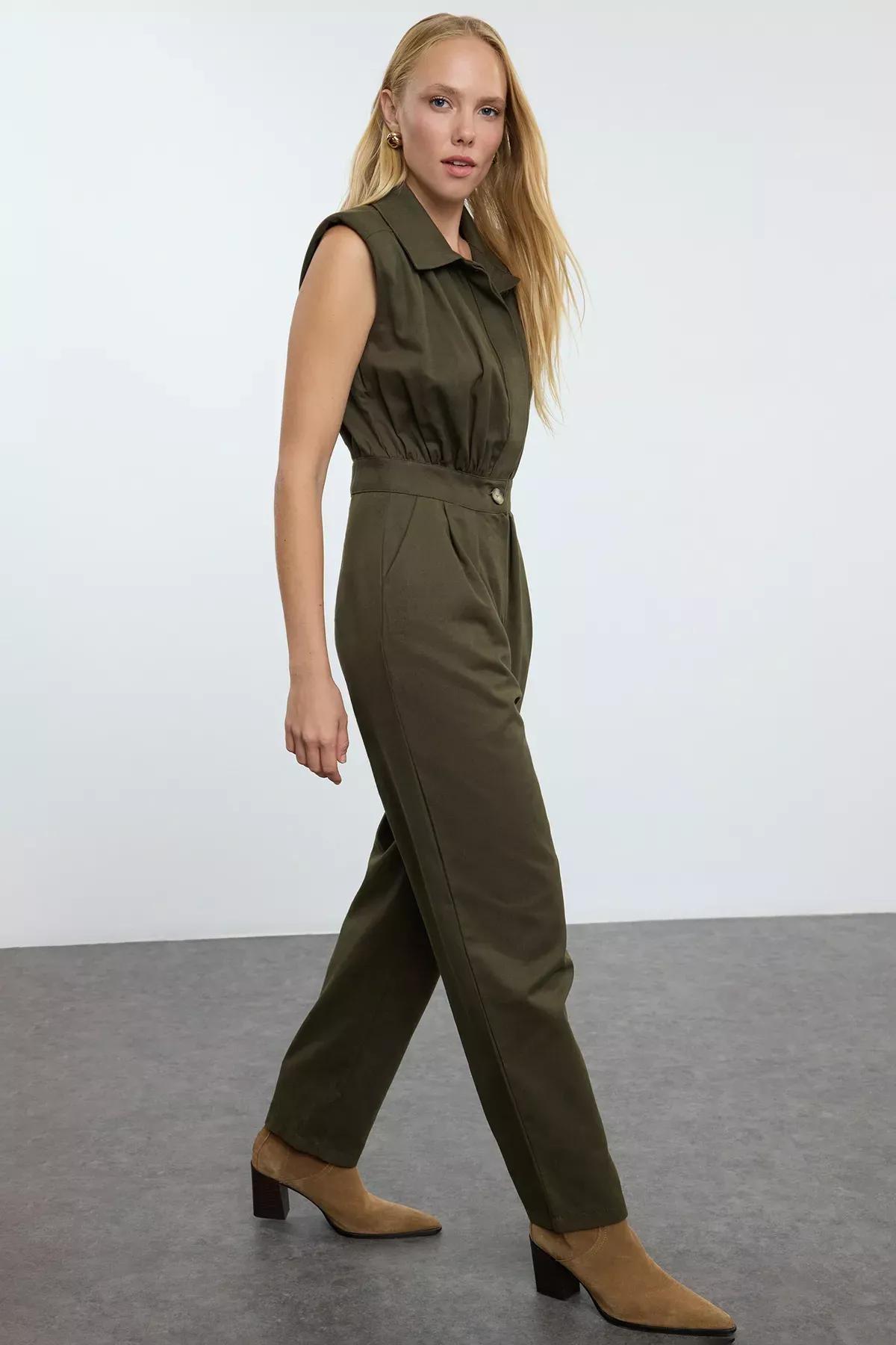 Green Wide Leg Jumpsuit, Dark Khaki, large image number 0