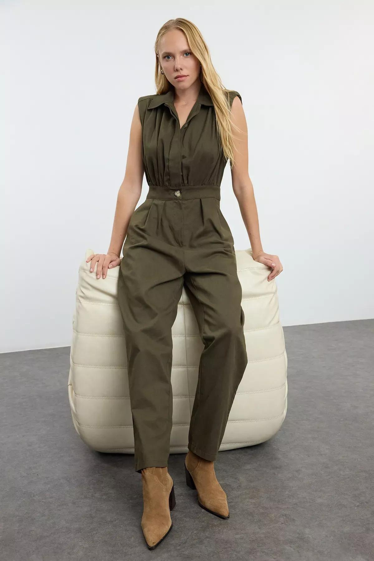 Green Wide Leg Jumpsuit, Dark Khaki, large image number 1