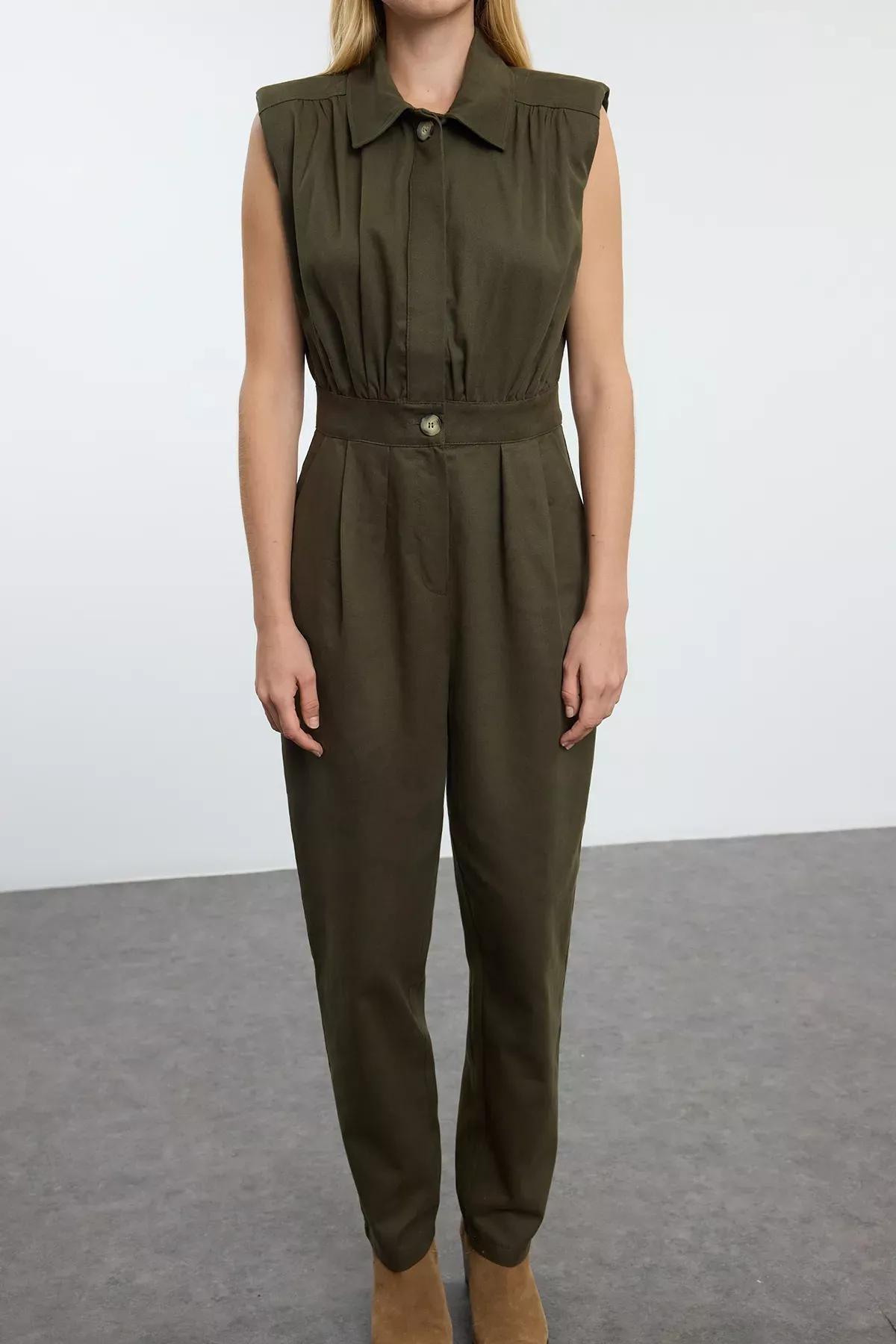 Green Wide Leg Jumpsuit, Dark Khaki, large image number 2