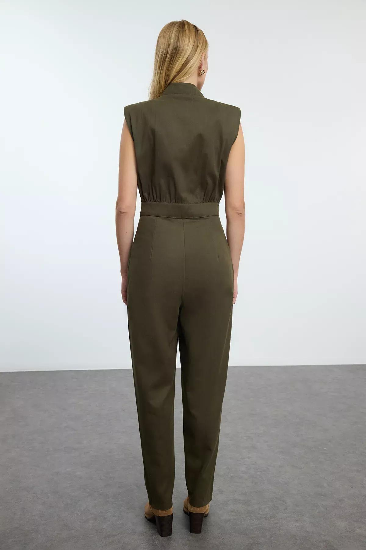Green Wide Leg Jumpsuit, Dark Khaki, large image number 4