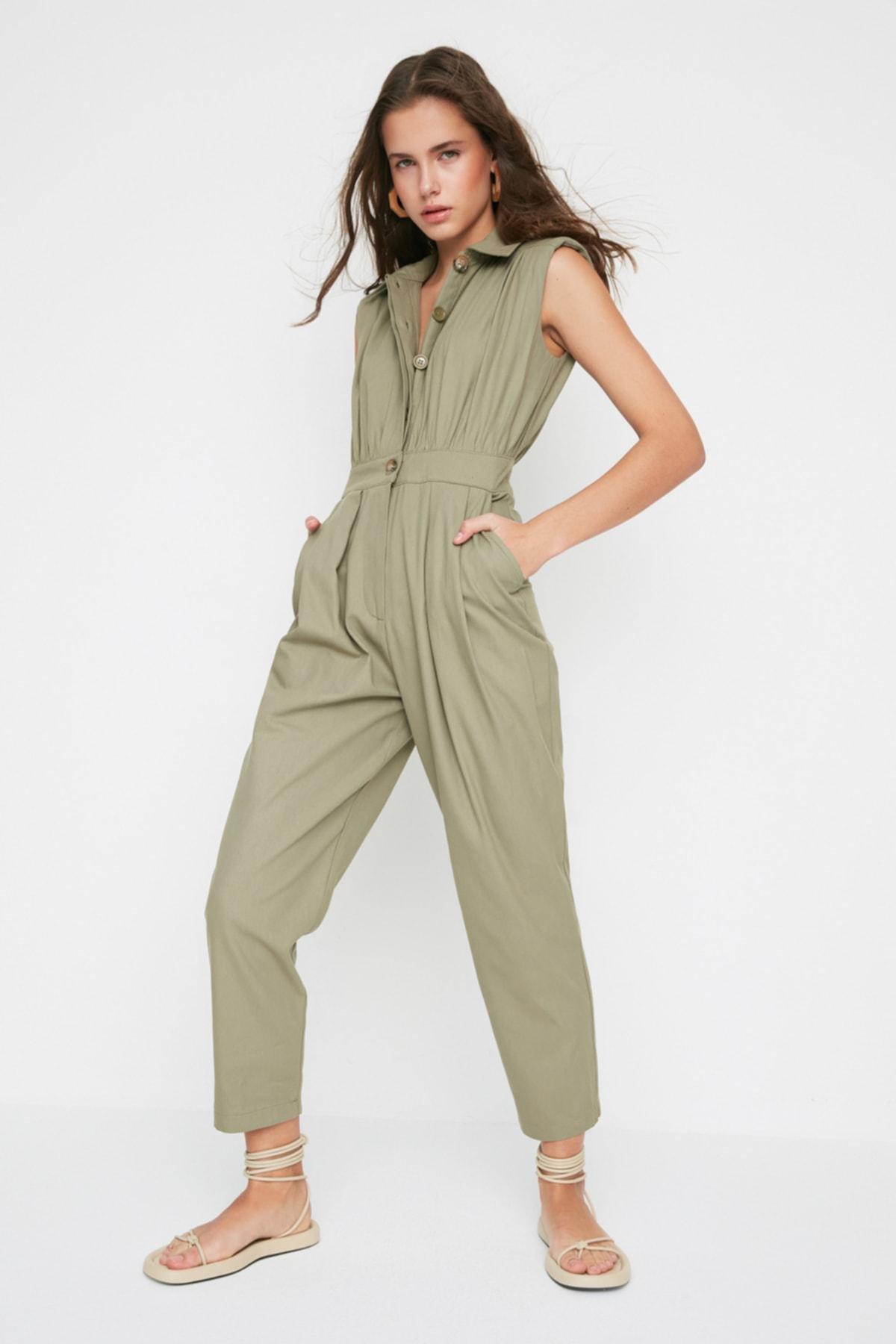 Khaki Collared Jumpsuit, Khaki, large image number 0