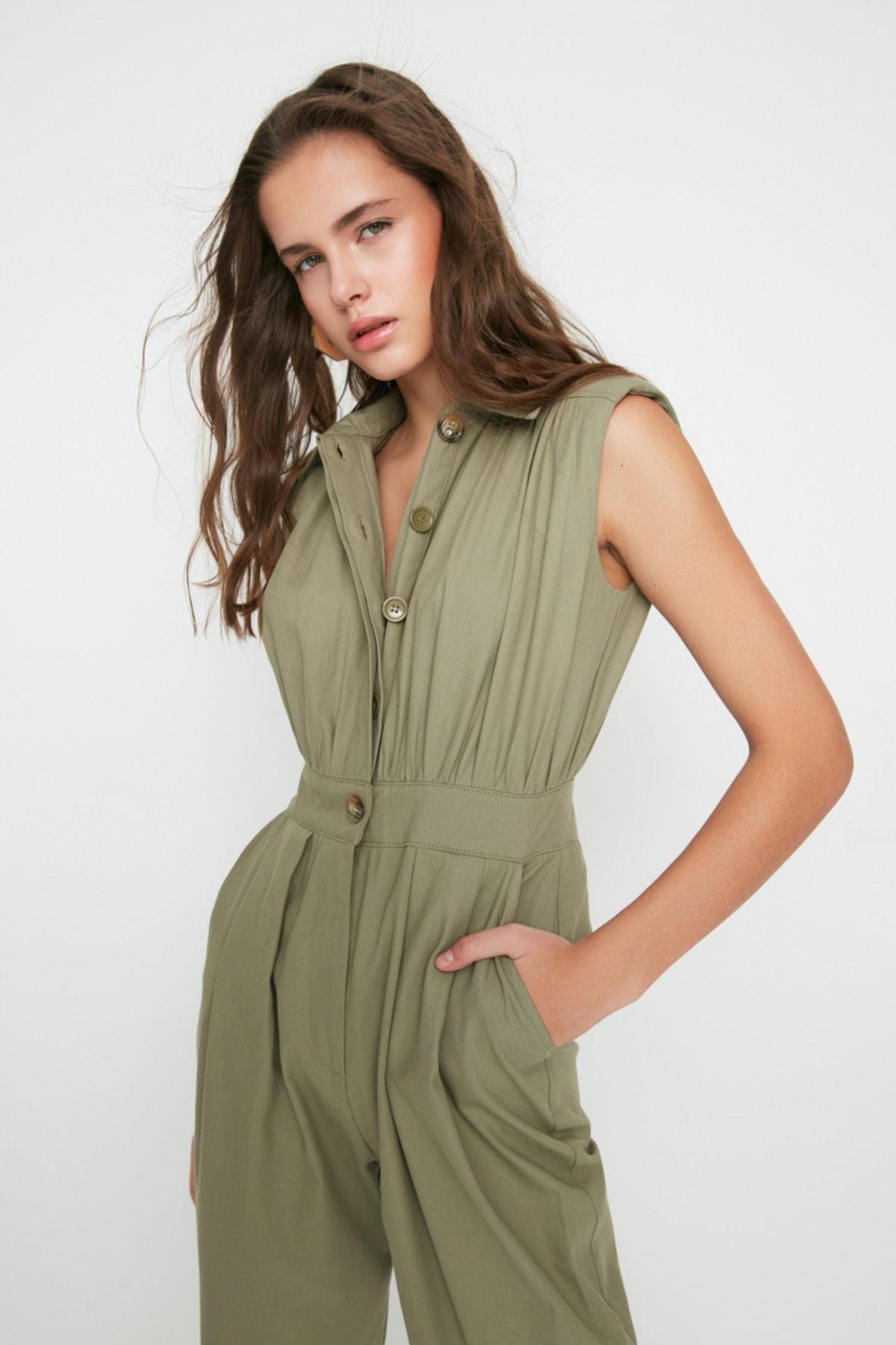 Khaki Collared Jumpsuit, , large image number 1