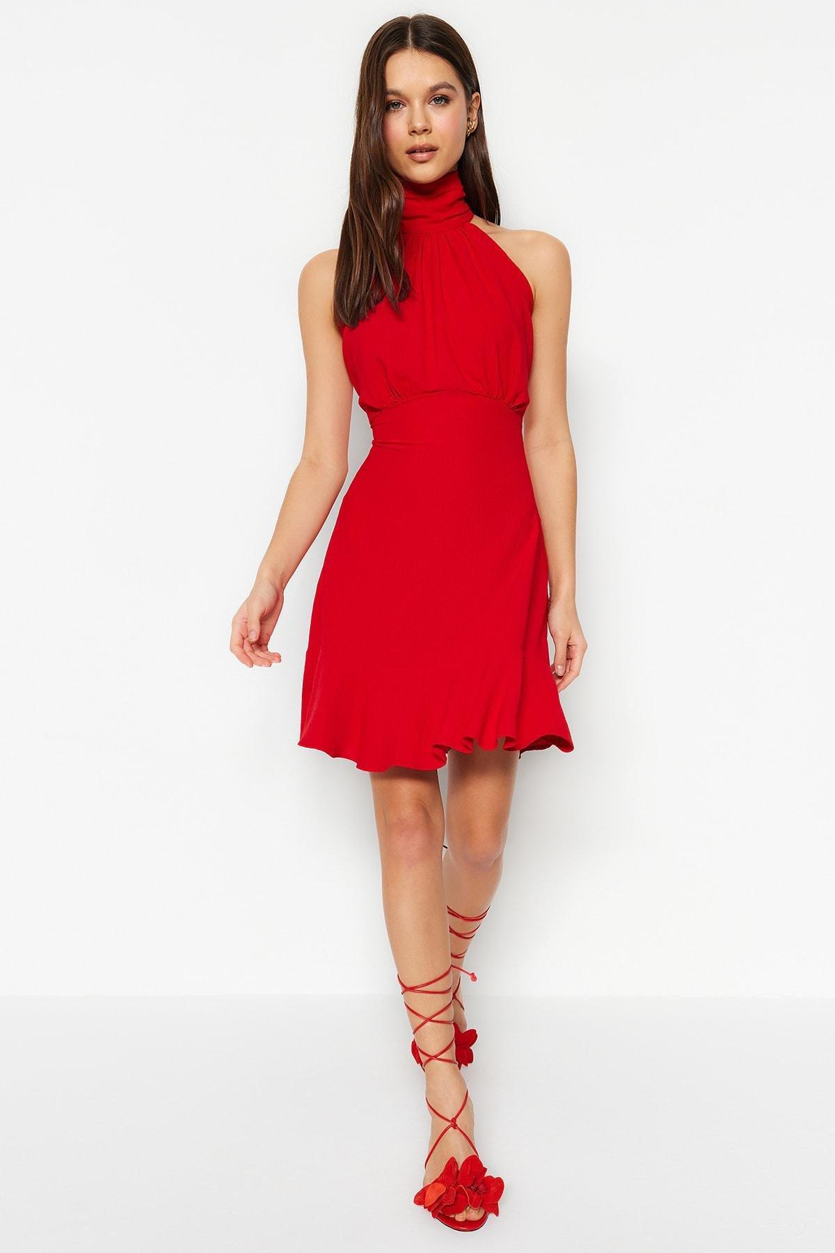 Red Skater Halter Neck Woven Dress, Red, large image number 0