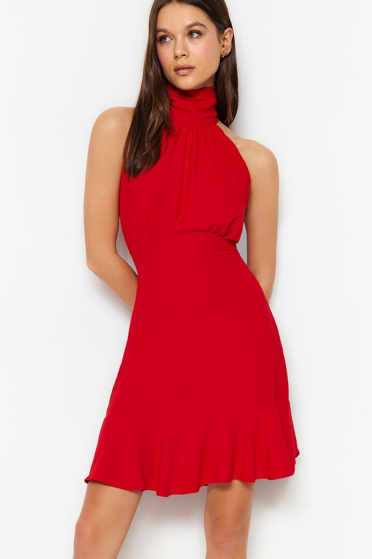 Red Skater Halter Neck Woven Dress, Red, large image number 1