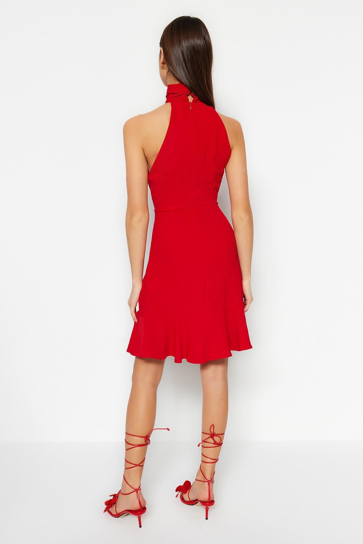 Red Skater Halter Neck Woven Dress, Red, large image number 4
