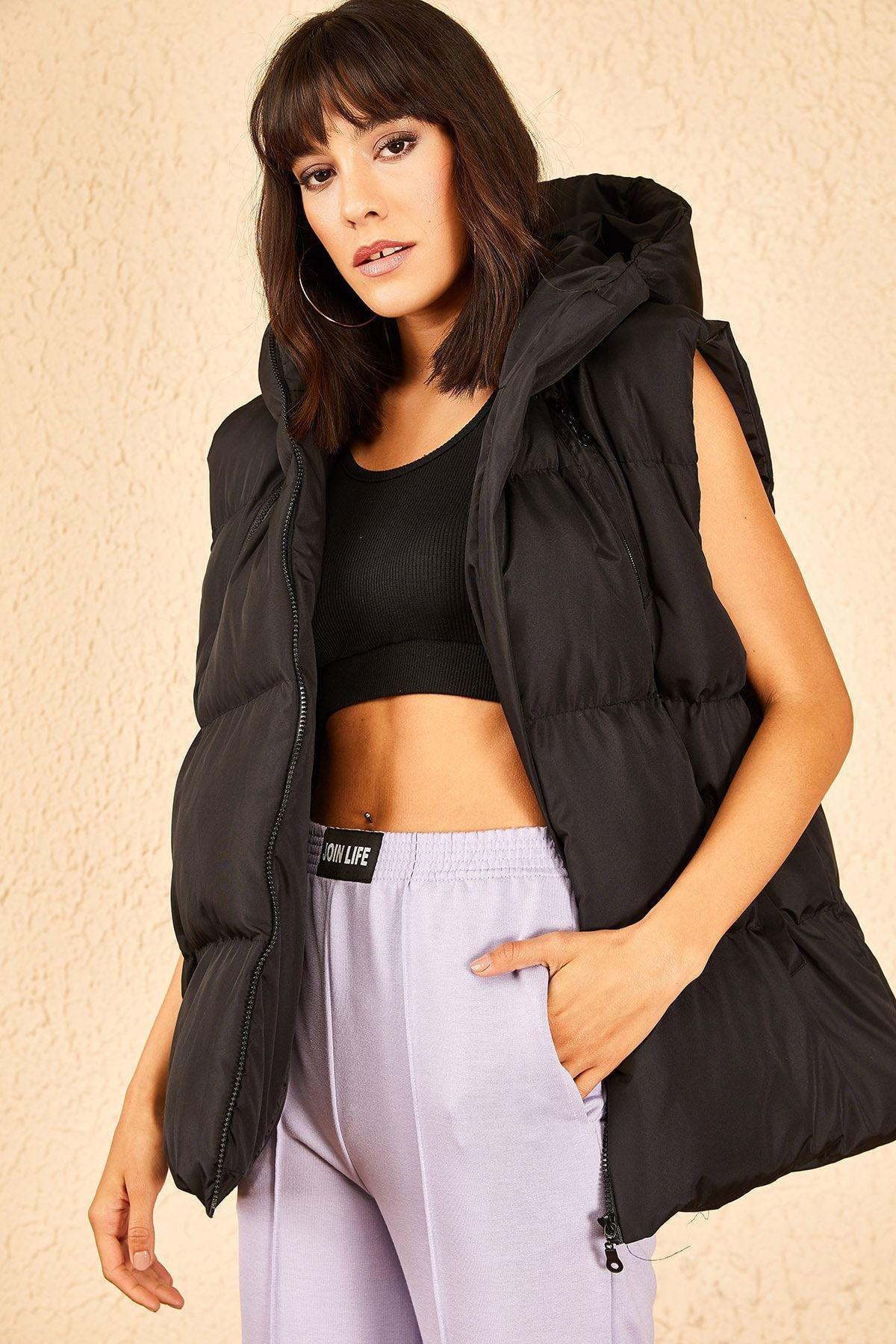 Black Hooded Sleeveless Puffer Jacket, , large image number 1