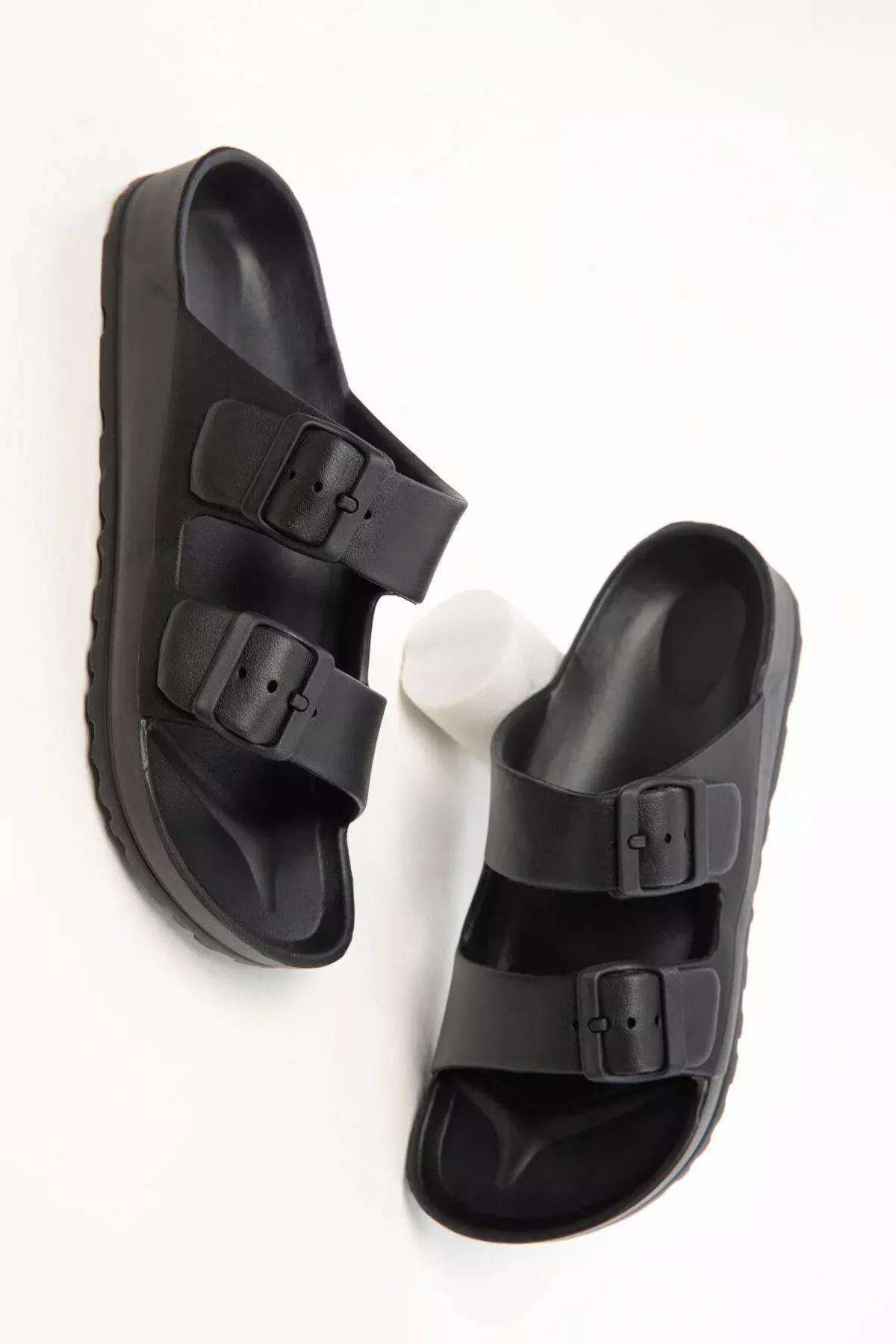 Black Detailed Slippers, BLACK, large image number 2