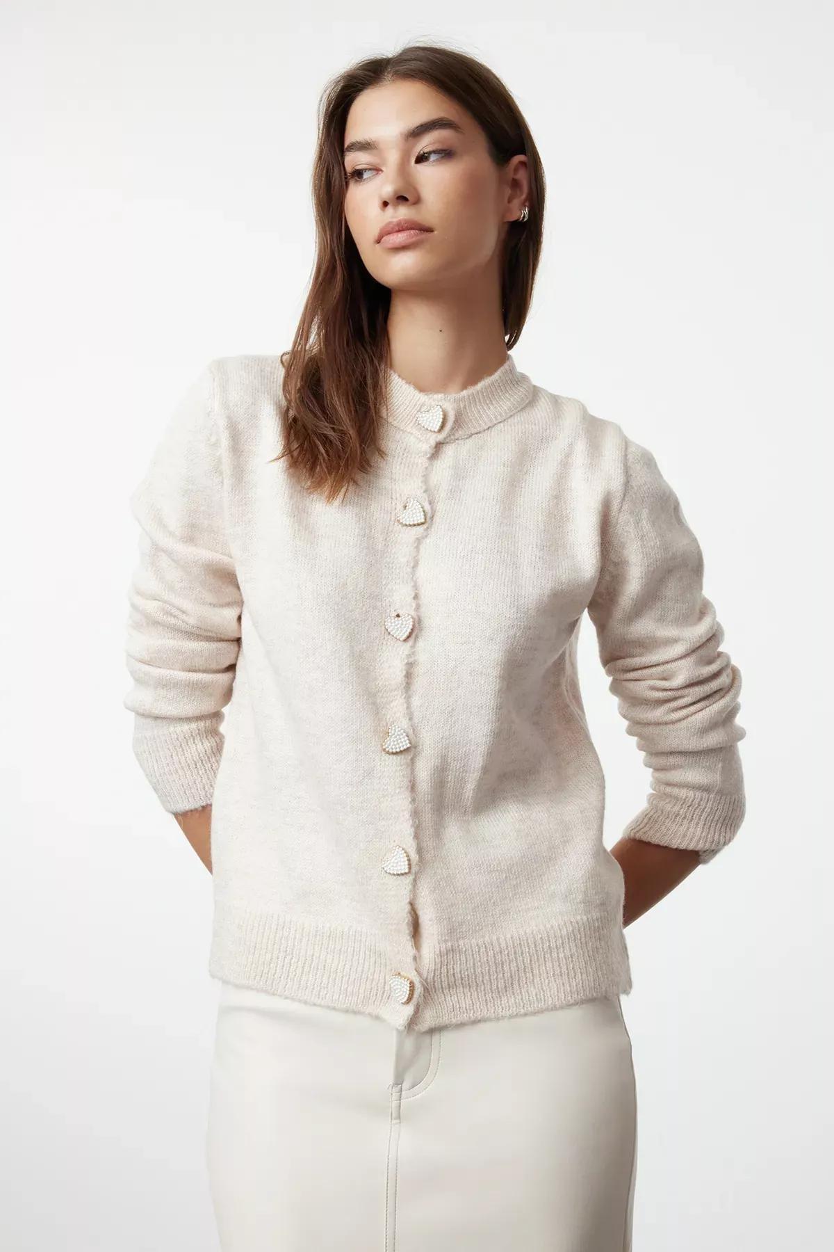 Beige Slim Crew Neck Cardigan, Beige, large image number 0