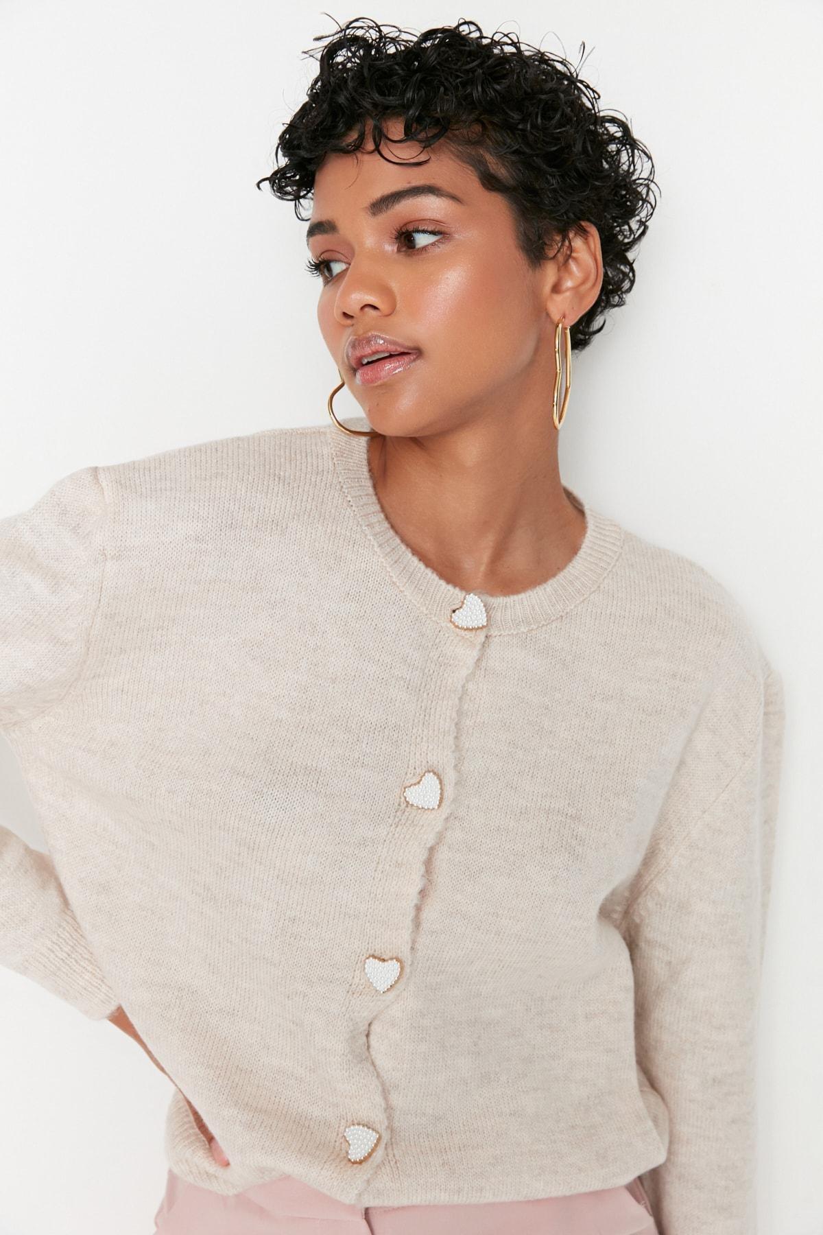 Beige Slim Crew Neck Cardigan, Beige, large image number 1