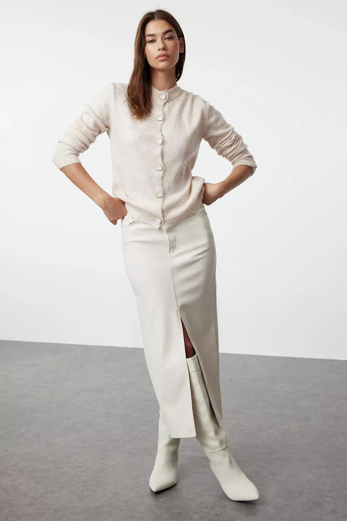 Beige Slim Crew Neck Cardigan, Beige, large image number 2