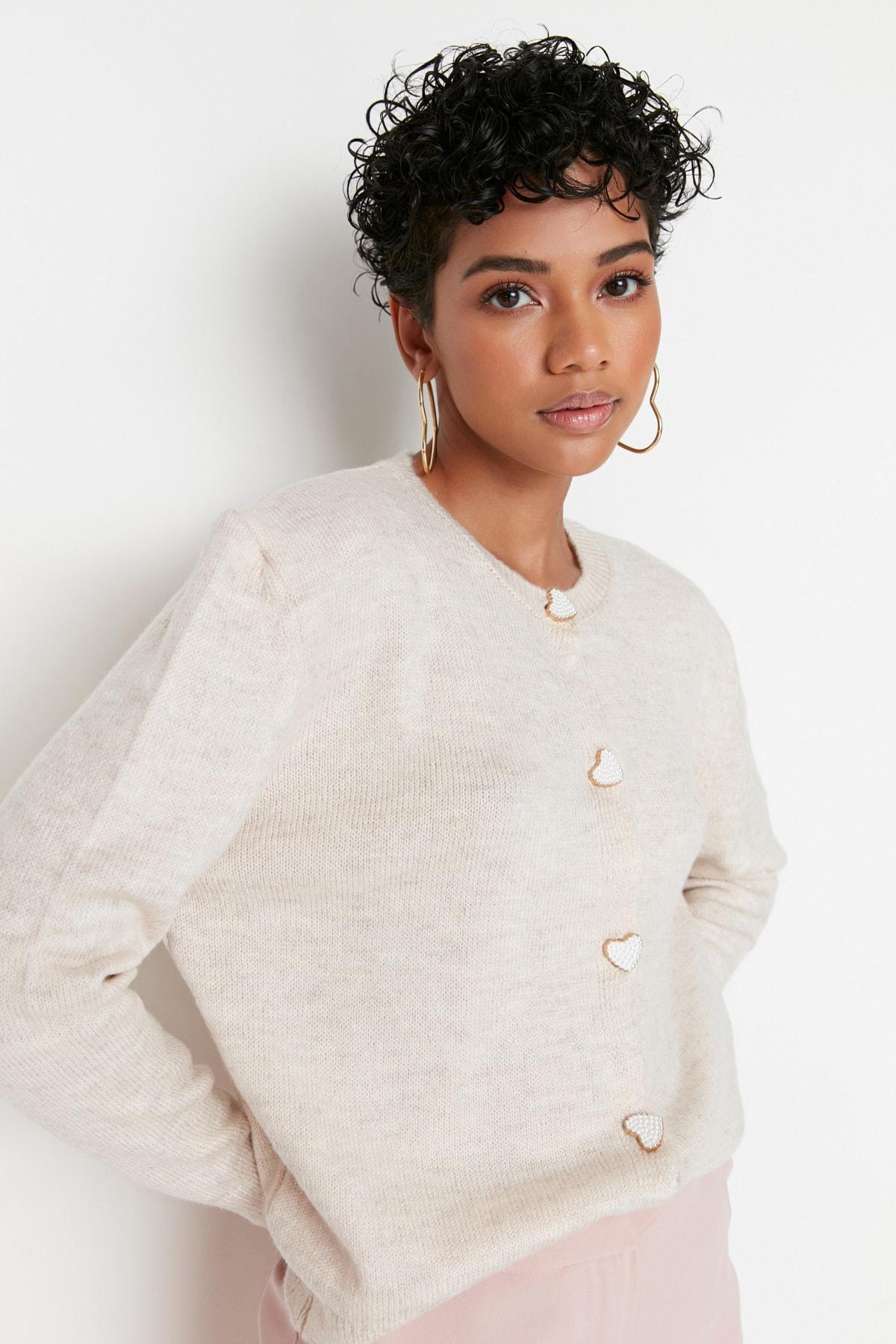 Beige Slim Crew Neck Cardigan, Beige, large image number 3