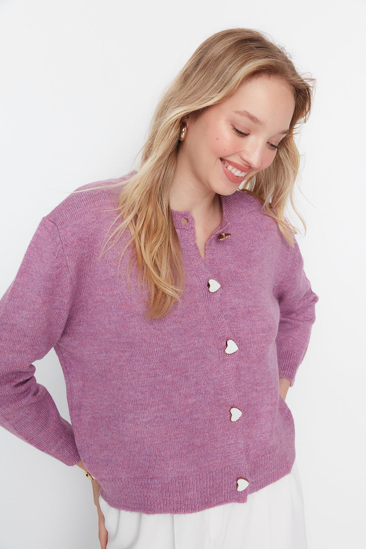 Purple Crew Neck Cardigan, Purple, large image number 0